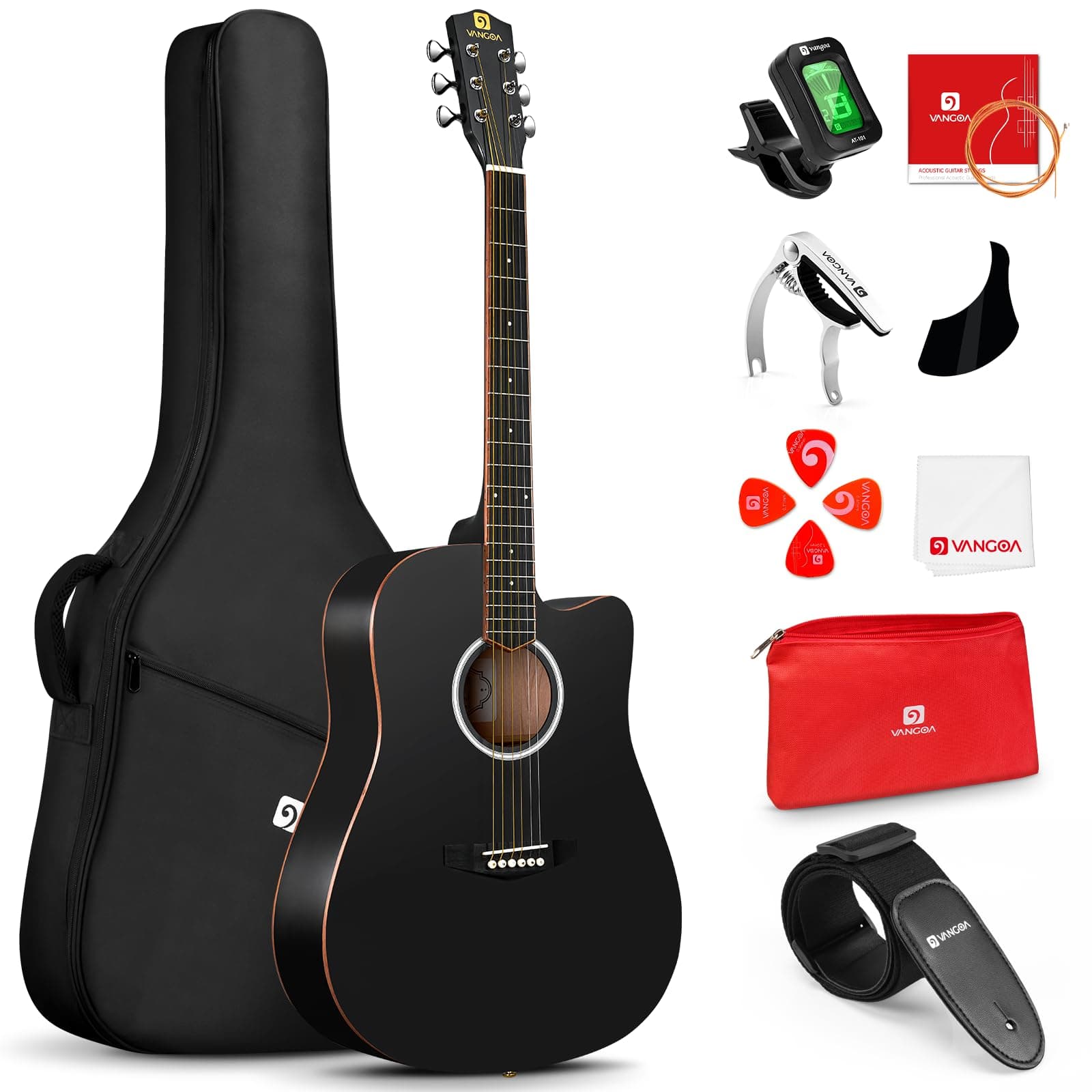 Vangoa 41" Acoustic Guitar Bundle for Adults Beginners Teens Dreadnought Full Size Cutaway Guitarra Acústica Kit with Wooden Bindings, Gig Bag, Tuner, Steel Strings, Capo, Strap, Black