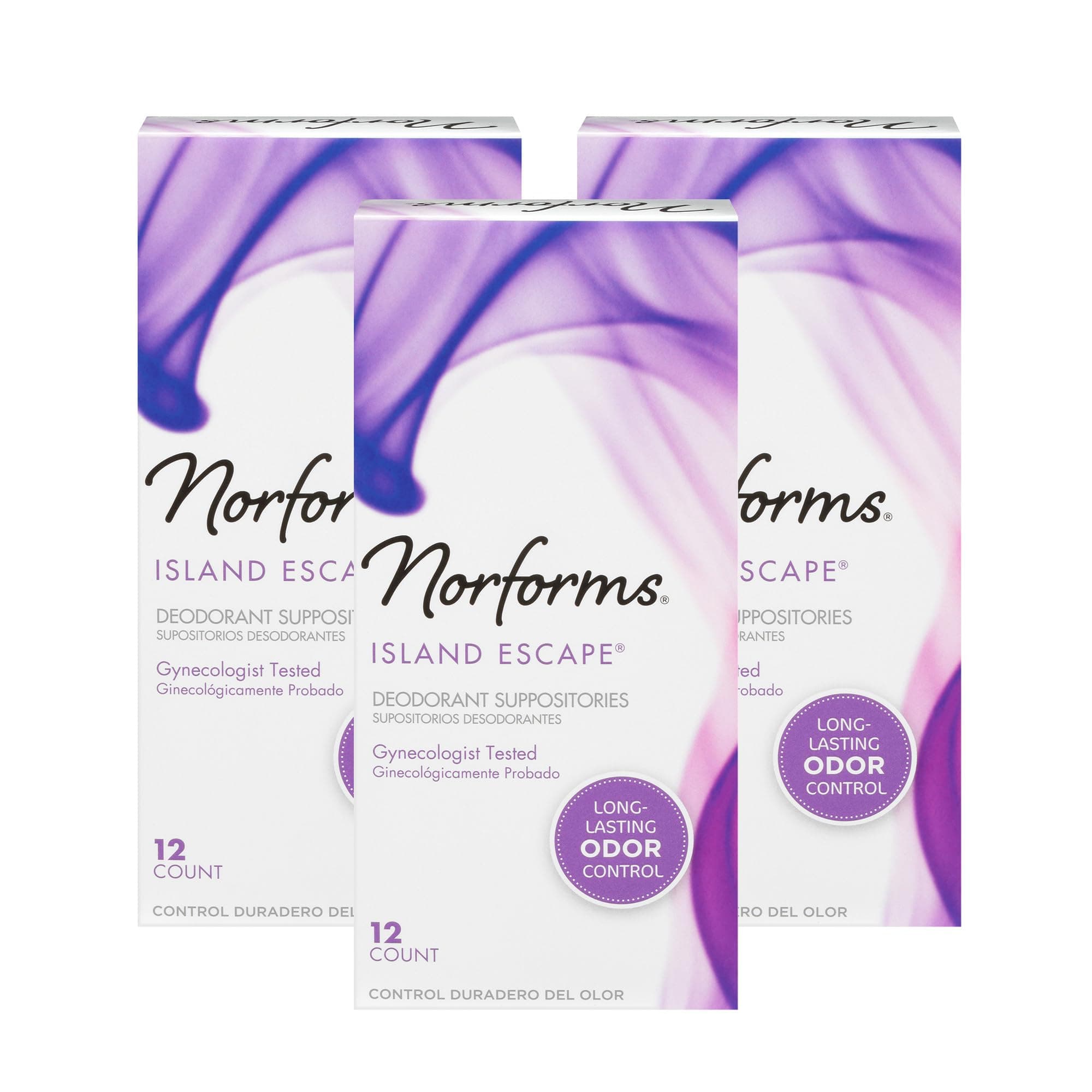 Norforms Feminine Deodorant Suppositories, Gentle pH-Balanced Formula for Vaginal Odor Control, Island Escape Scent, 12 Count, Pack of 3
