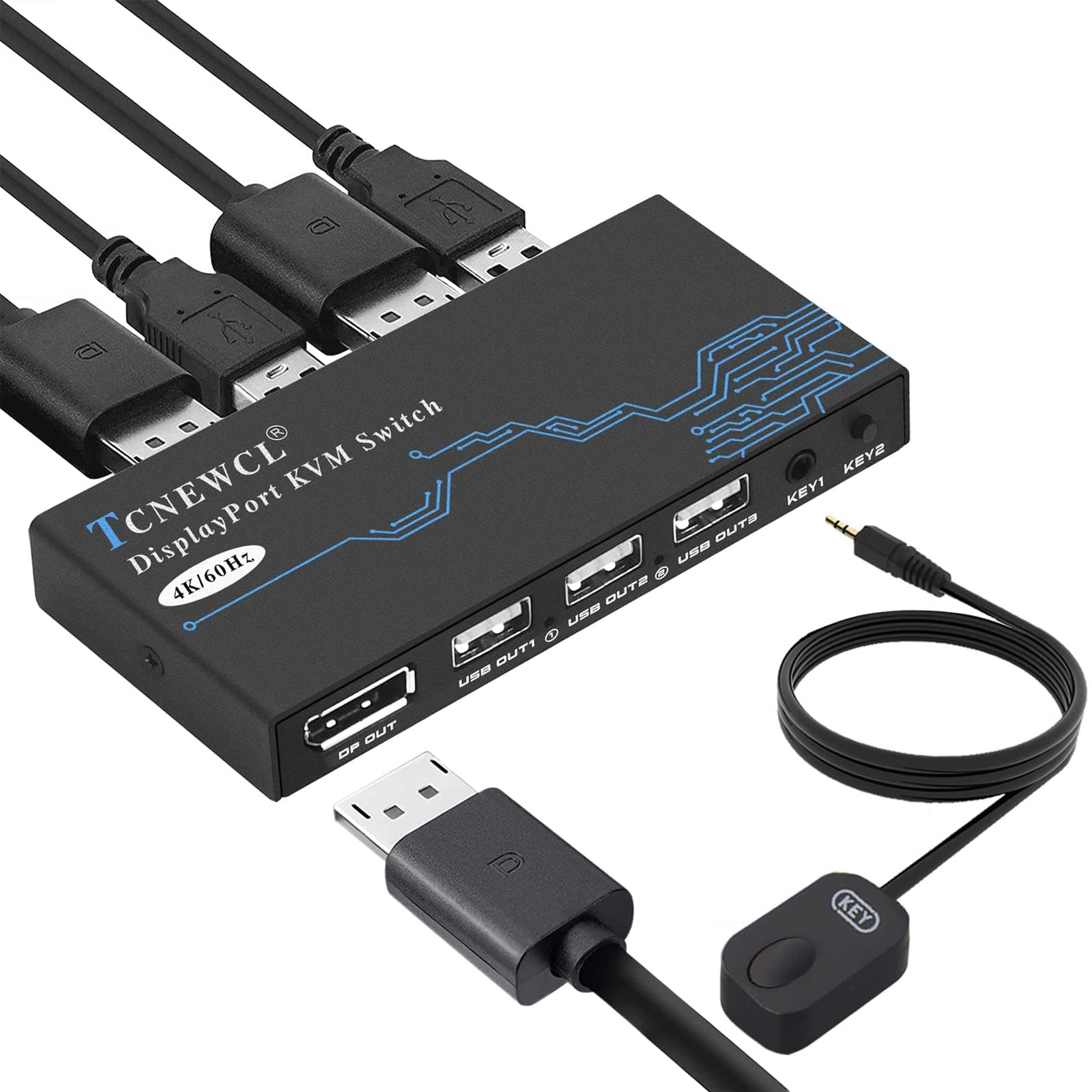 TCNEWCL KVM Switch DisplayPort, 2 Port DP KVM Switch for 1 HD Monitor 2 Computers to Share 3 USB 2.0 Device Keyboard Mouse Printer, Support 4K@60Hz, Included 2 DP and 2 USB Cables
