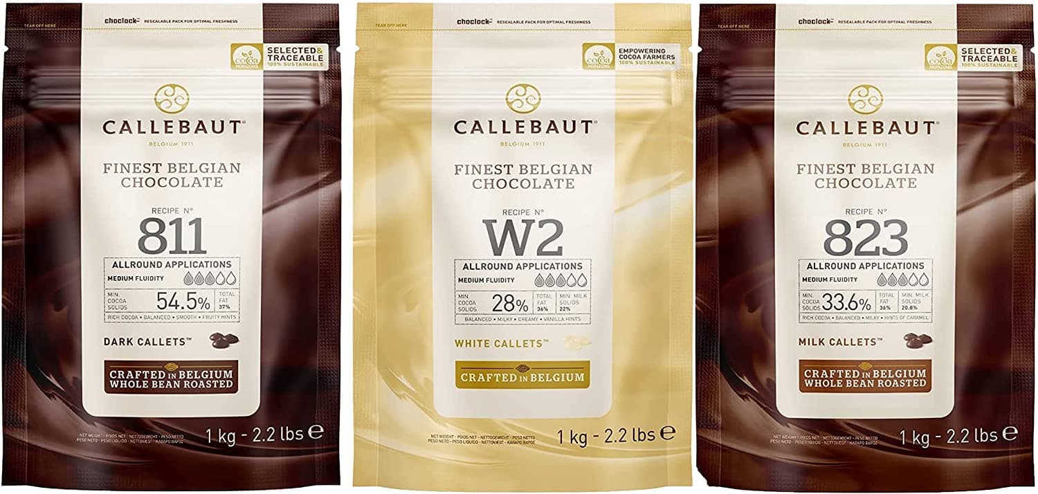 Callebaut, Milk, Dark & White chocolate chips (3 x 1kg Bundle)