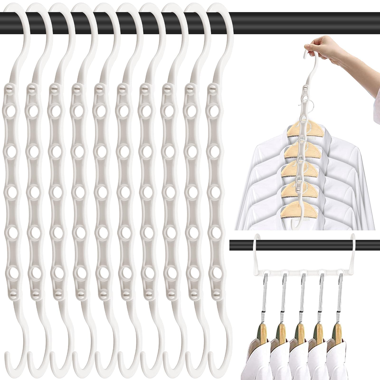 DUCOO Space Saving Hangers 10 Pack, Heavy Duty Magic Cascading Hanger Organizer with 5 Enclosed Anti-Slip Holes, Closet Organizers and Storage for Clothes, College Dorm Room Essentials, White