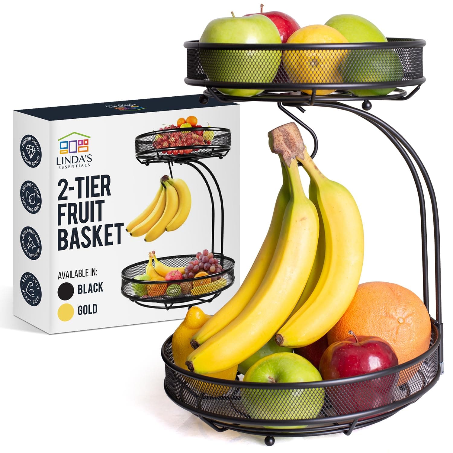 2 Tier Fruit Basket, Fruit Bowl For Kitchen Counter For Fruit and Vegetable Storage, Fruit Basket for Kitchen Counter, Fruit Bowl with Banana Hanger, Fruit Vegetable Storage Basket by Linda’s, Black