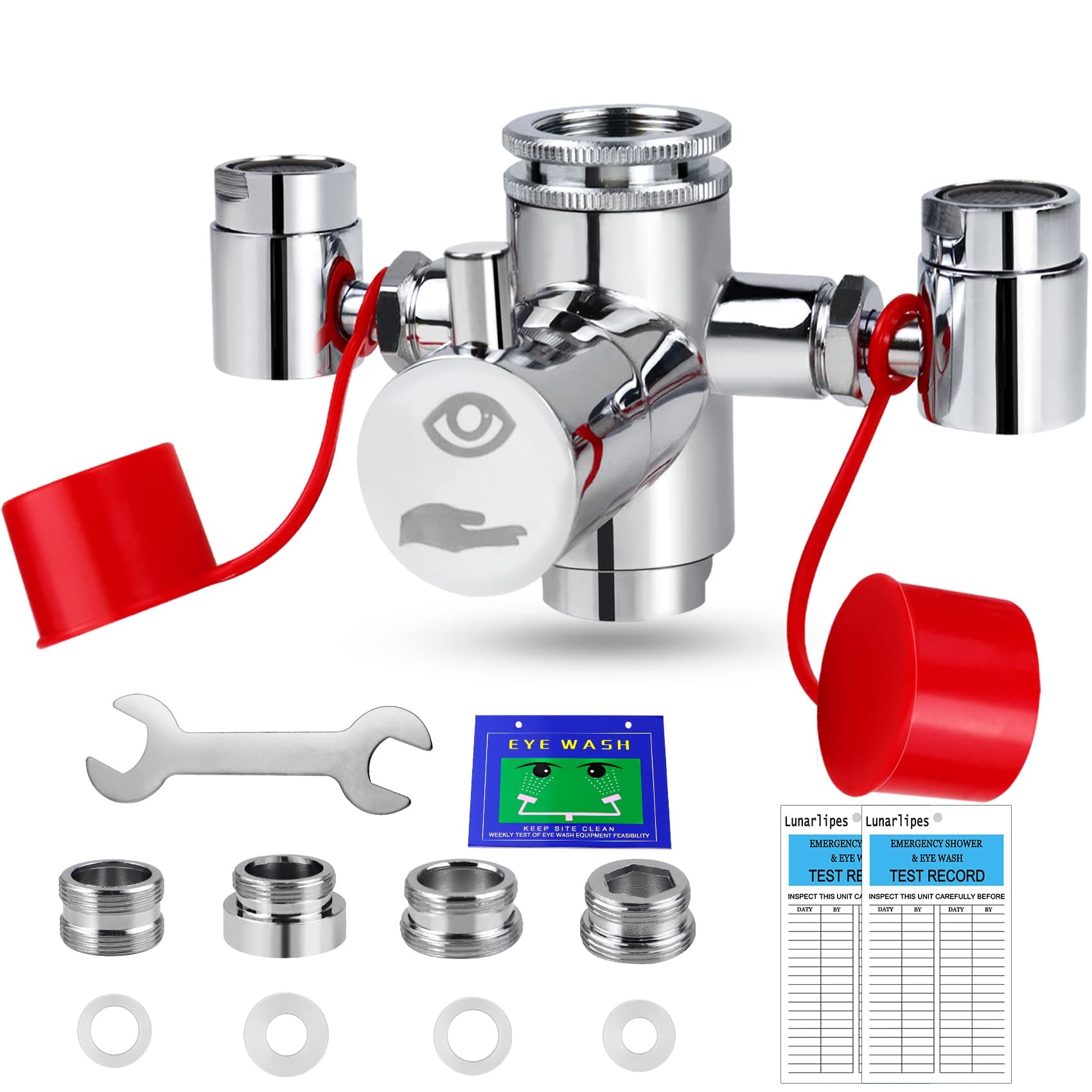 Faucet Mounted Eyewash Station with Cover, Continuous Flow Eye Flush Unit Sink Attachment Eye Wash Station for Home and Lab Industrial, Equipped with 4 Adapters