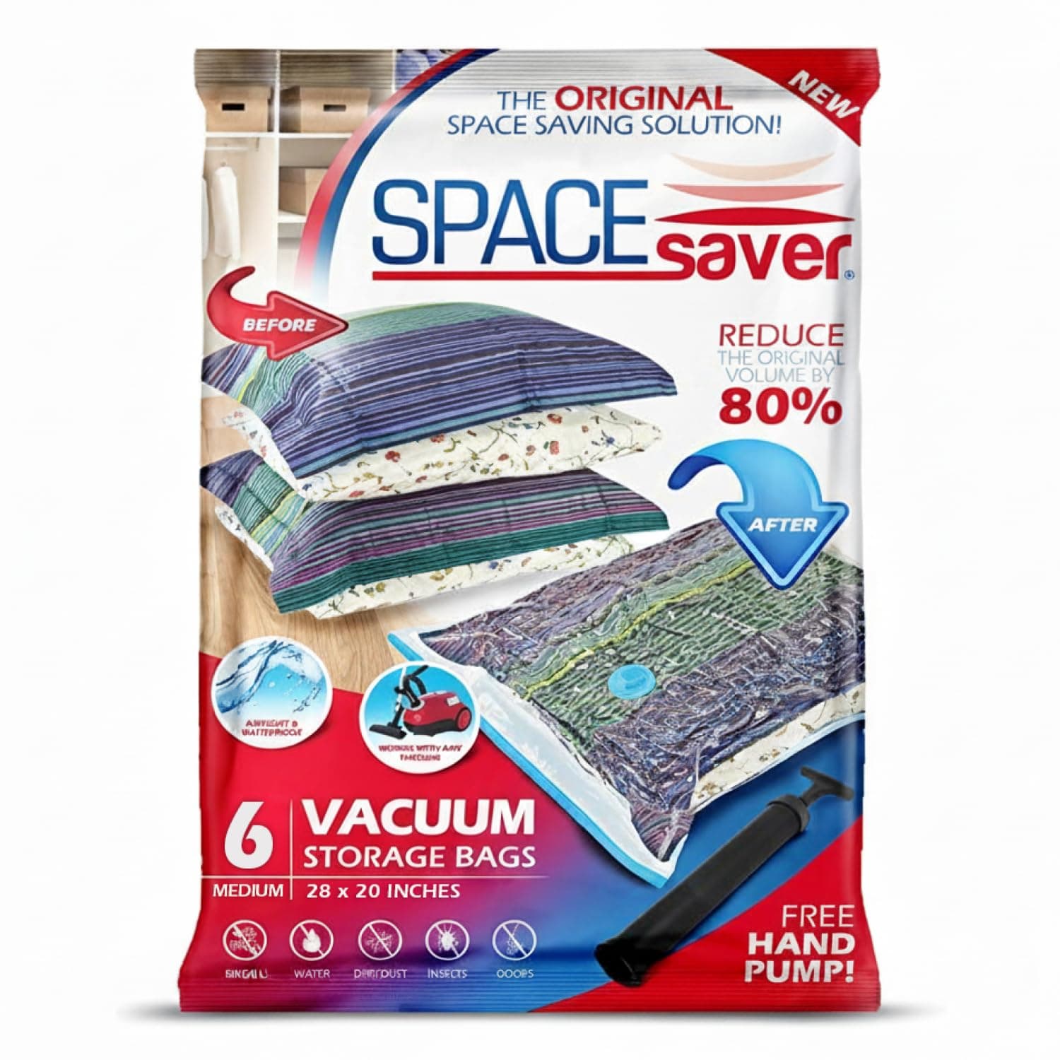 6 Pack Medium Vacuum Storage Bags for Comforters, Blankets & Clothes –Vacuum Sealed Compression Bags with Hand Pump – Space Saver Storage Bags for Bedding, Moving, Travel & Organization