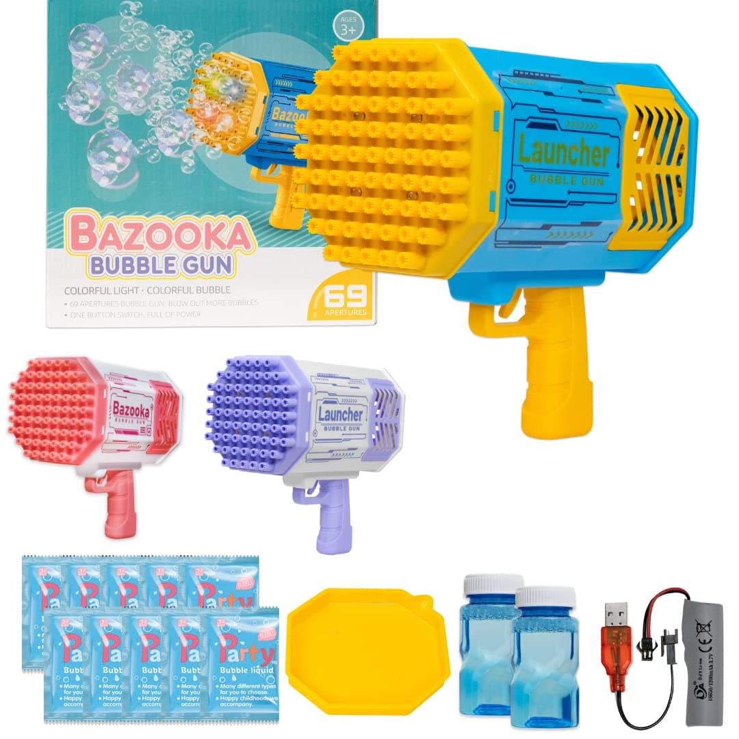 Bubble Gun, Bazooka Bubble Gun, Bubble Bazooka, 69 Hole Bubble Gun, Blue & Yellow, Bubble Machine Gun, Bubbles for Weddings, Adults, Kids, Parties, Birthday Gift, 50 Bubble Packets