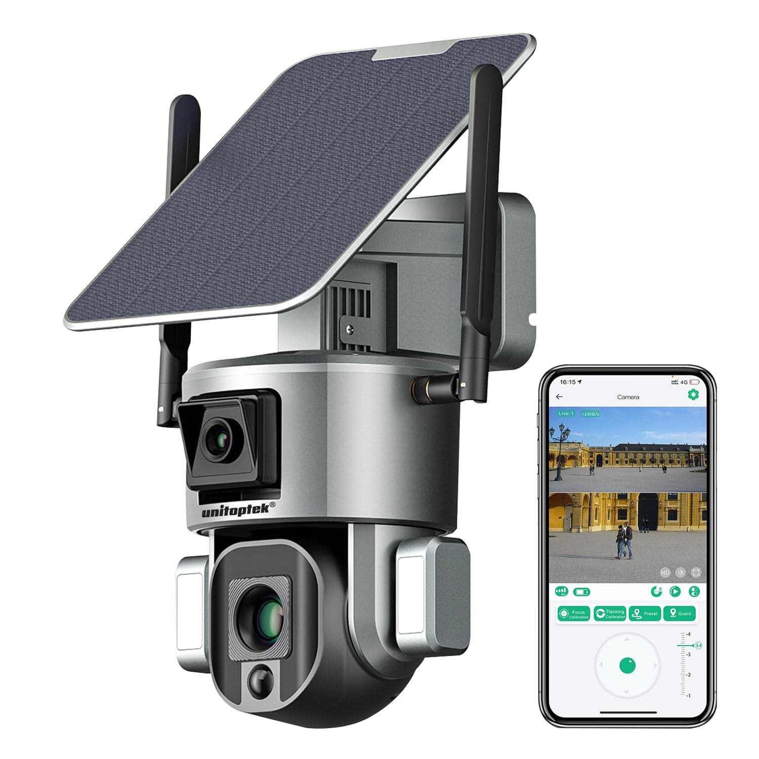 Unitoptek 4K 4G LTE Cellular Security Camera Wireless Outdoor with Solar Panel Dual Lens, 360 View,10x Zoom, PIR Motion Detection, Human Tracking, Color Night Vision, Two-Way Talk IP66 Waterproof