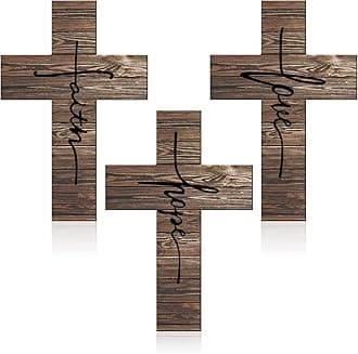 Jetec 3 Pieces Easter Faith Love Hope Cross Sign Crosses Wall Decor Wood Wall Hanging Rustic Cross Vintage Religious Love Art Decor Farmhouse Home Hanging Decorations, 12 x 8 Inch(Brown)
