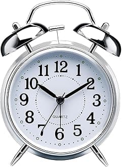 AERYS Table Clock Retro Twin Bell Metal Frame Alarm Clock with Night Backlight Function and Silent Motion, High Volume Bedside Luminous Alarm for Students Bedroom/Office (Silver Vintage)