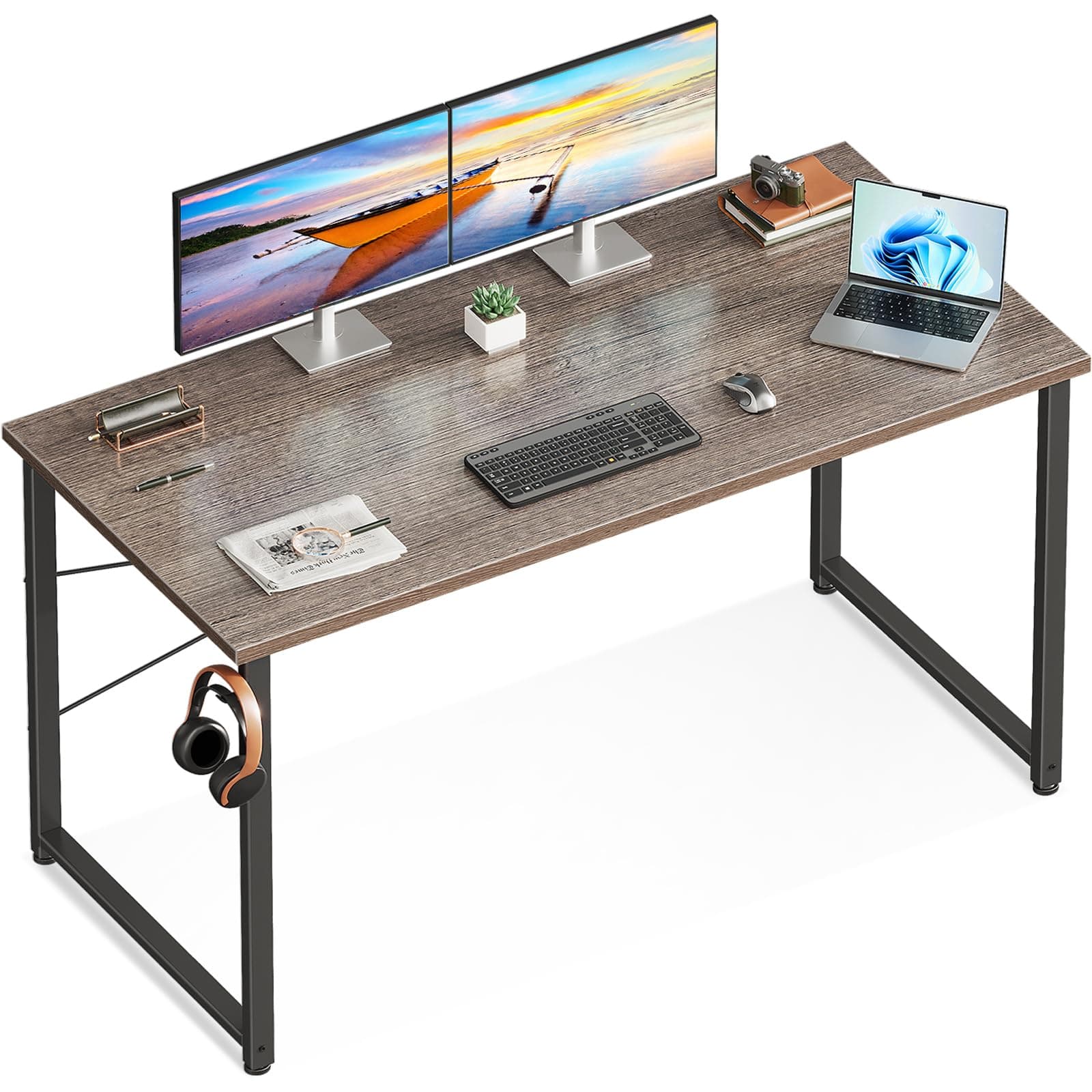 48 Inch Small Computer Desk for Home Office, Study Writing Table for Small Spaces, Simple Modern Desk with Headphone Hooks, Grey Oak