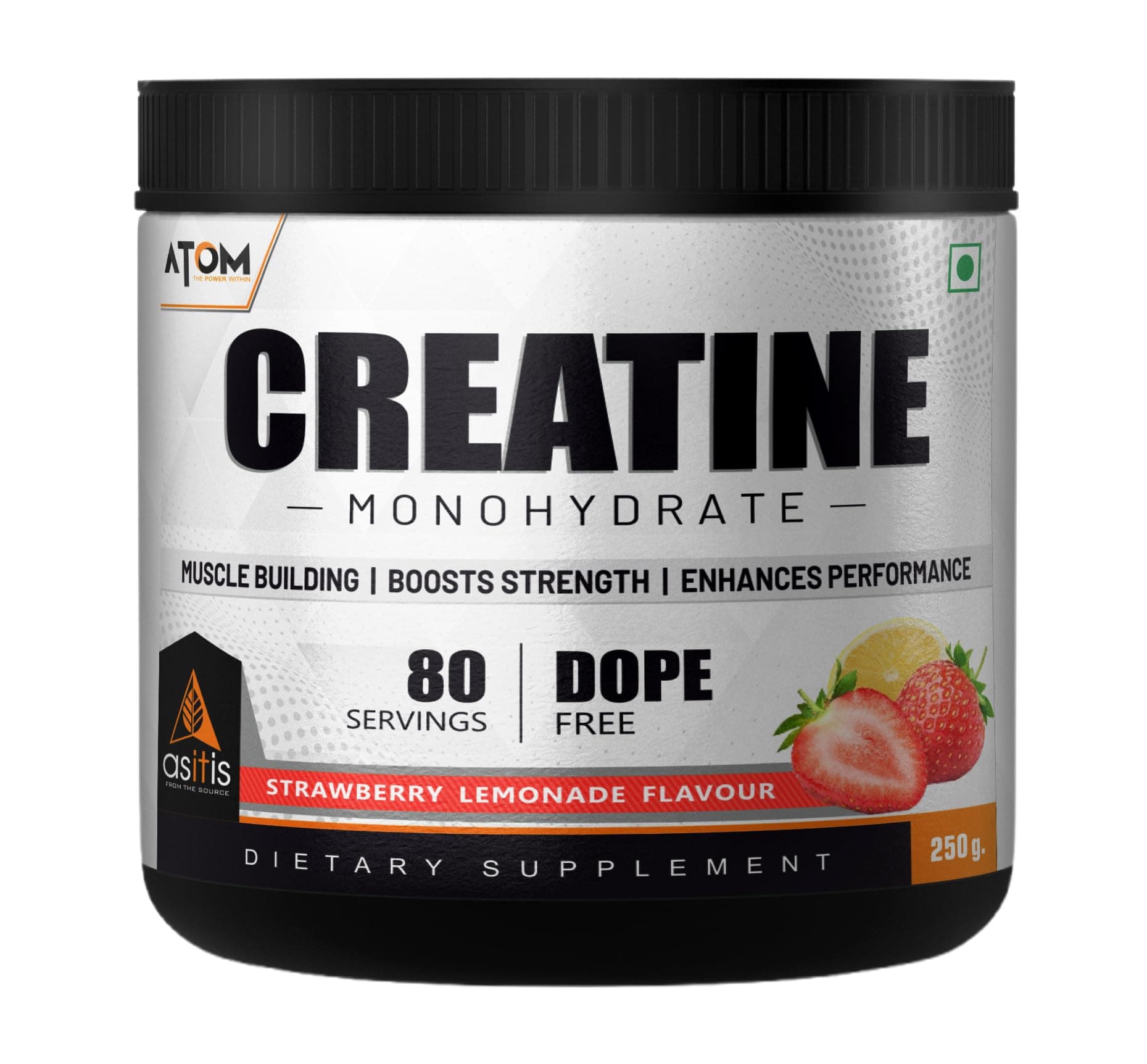 AS-IT-IS ATOM Creatine Monohydrate 250g - 80 Servings|Dope Free|Enhances Performance|Promotes Muscle Gains,Boosts Strength, Straberry Lemonade