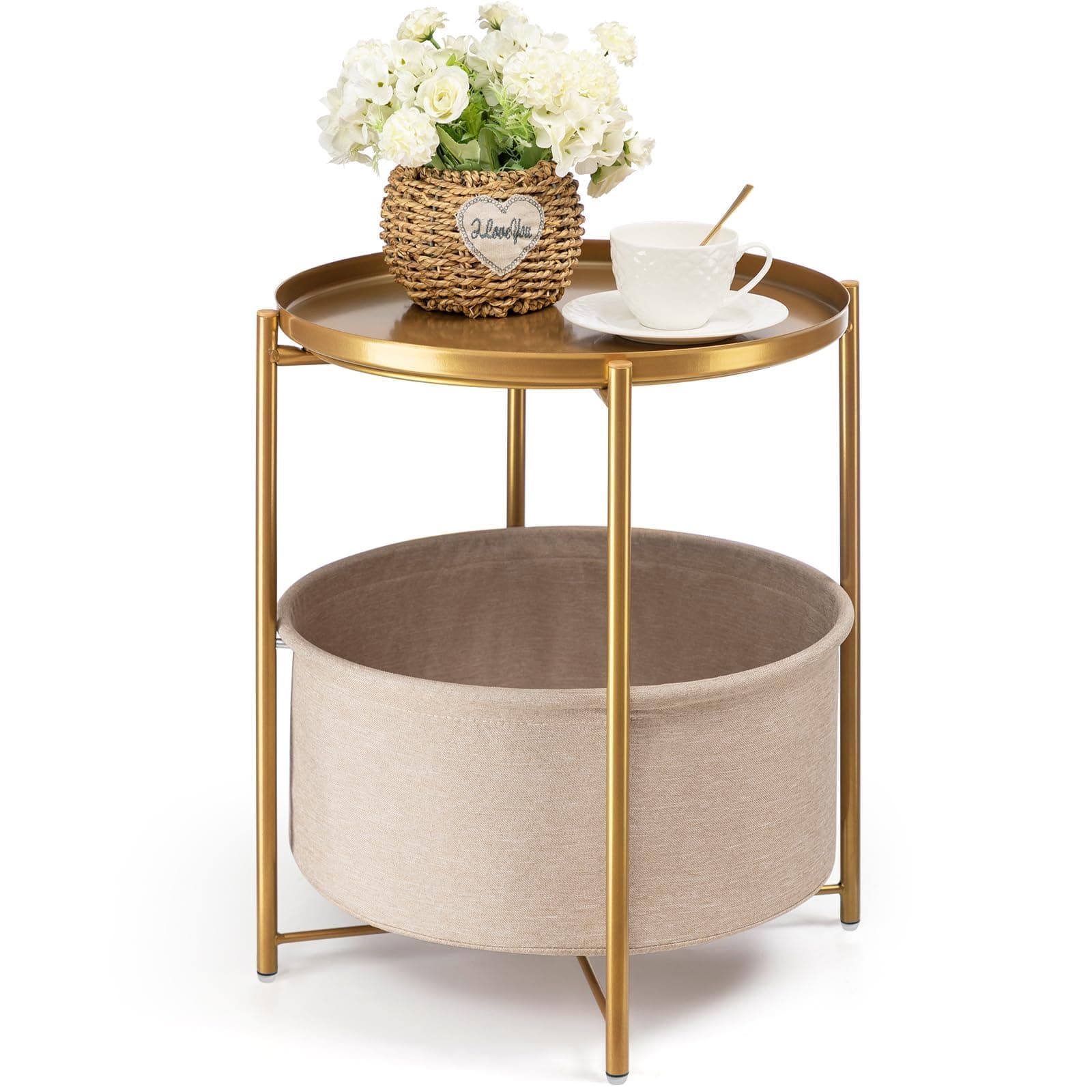 danpinera Round Side Table with Fabric Storage Basket, Metal Side Small Bedside Table Nightstand with Removable Tray Top for Living Room, Bedroom, Nursery, Bathroom, Gold