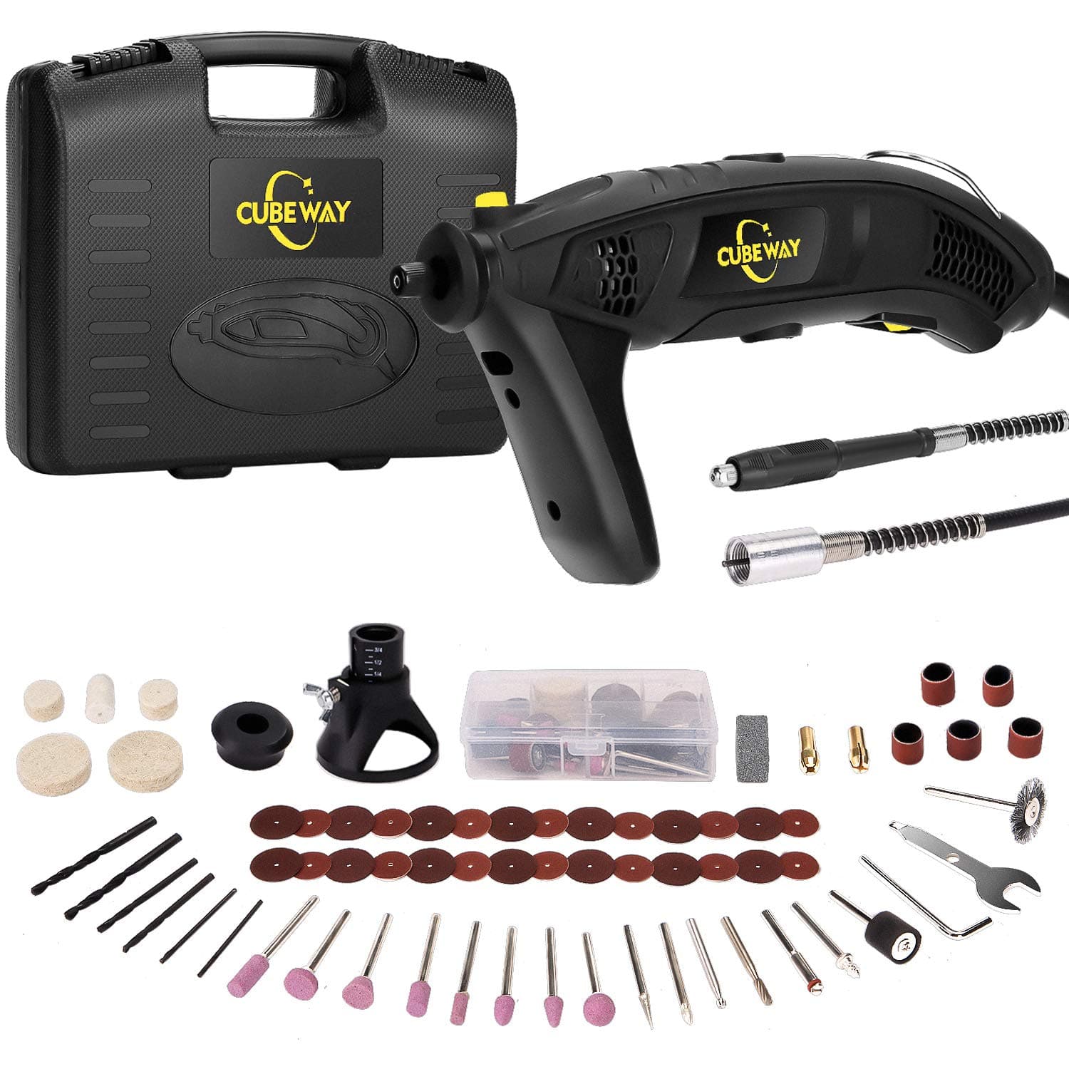 Rotary Tool, 1.5Amp High Power Variable Speed Electric Rotary Tool Kit with Flex Shaft, Cutting Guide, Auxiliary Handle and Carrying Case, 112pcs Accessories for Crafting Projects CUBEWAY