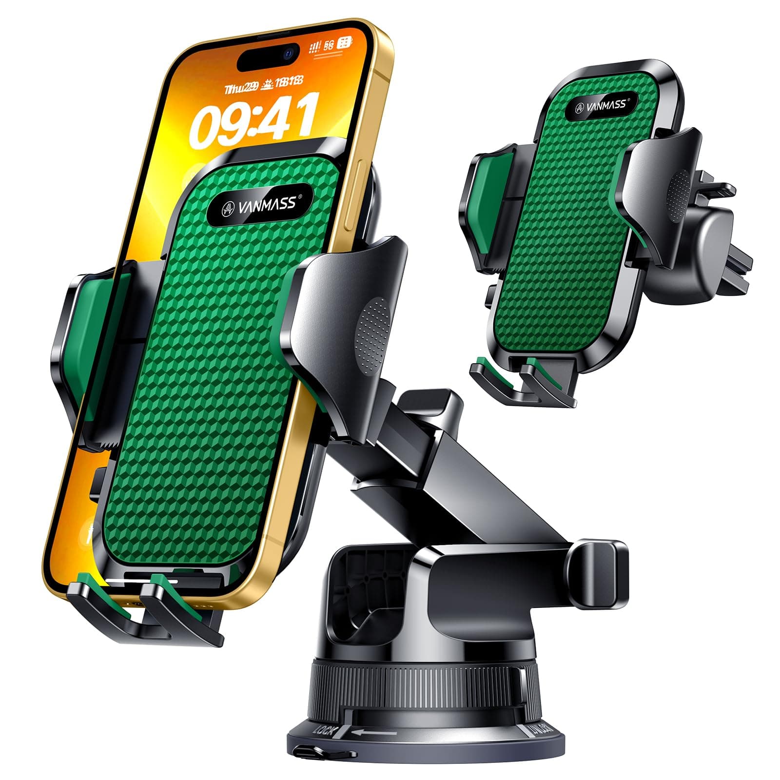 VANMASS [Pro Version] Universal Car Phone Mount [Super Suction Cup] Dashboard Phone Holder, Handsfree Windshield Dash Vent Phone Holder Car, Compatible for iPhone 16 15 14 13 Samsung LG & Truck,Green
