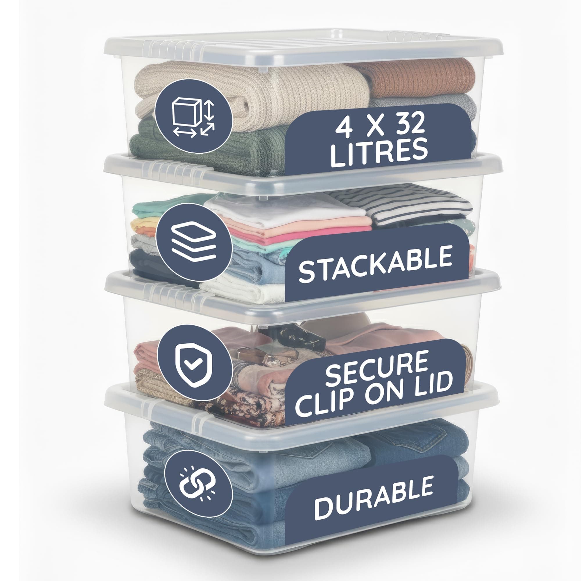 Niftii Underbed Storage Boxes with Lids 32L – 4 Pack Clear Plastic Storage Containers, Stackable Storage Boxes for Clothes, Shoes, Bedding, Wardrobe & Home Organisation