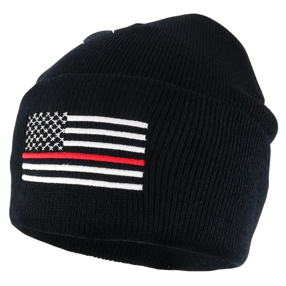 Thin RED Line American Flag Embroidered Cuff Beanie Hat