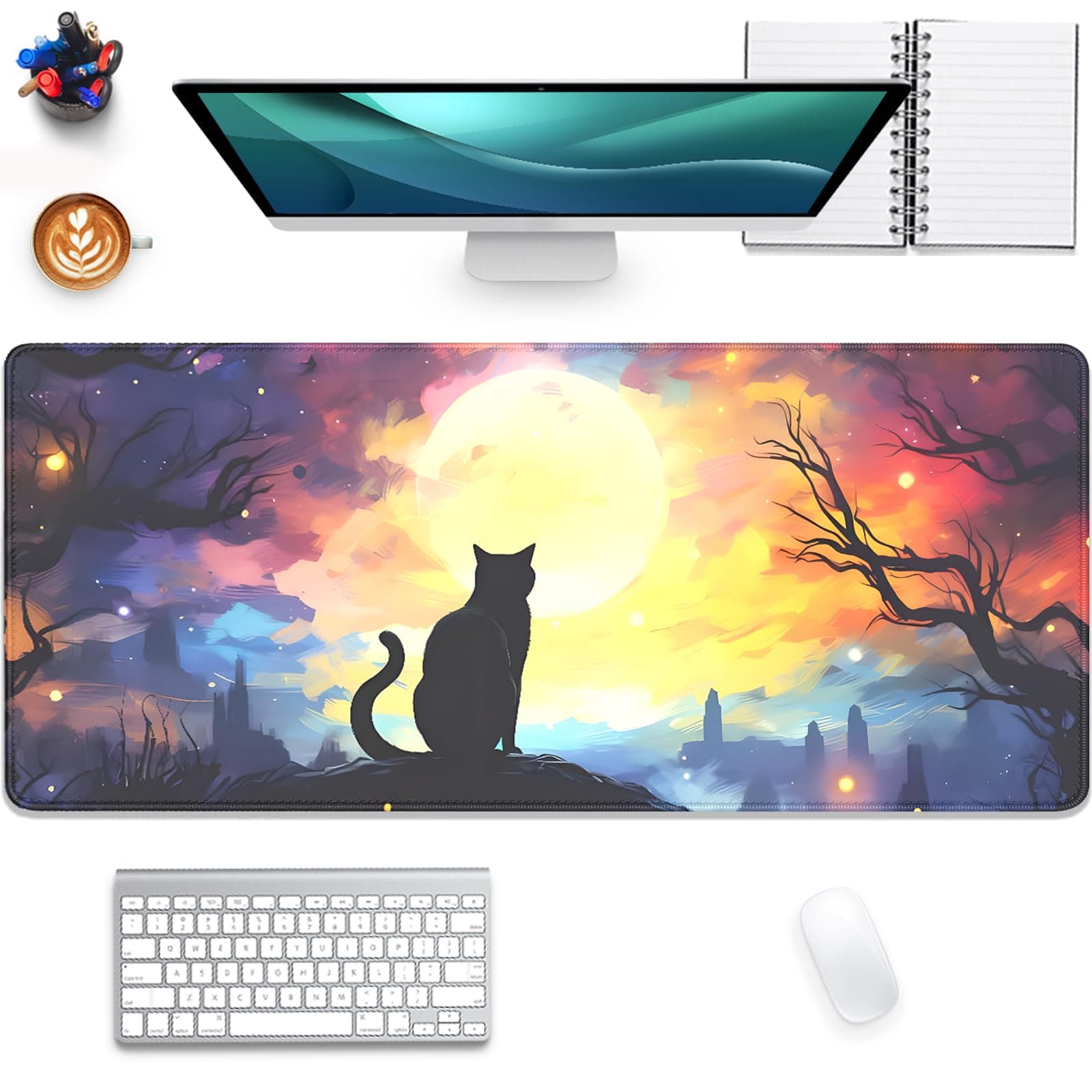Black Cat Starry Night Mouse Pad Desk Mat,Large Extended Gaming Mouse Pad with Stitched Edges,Non-Slip Waterproof Rubber Base for Office,Computer,Keyboard,Laptop and Home Desk Pad(27.5X11.8 in)