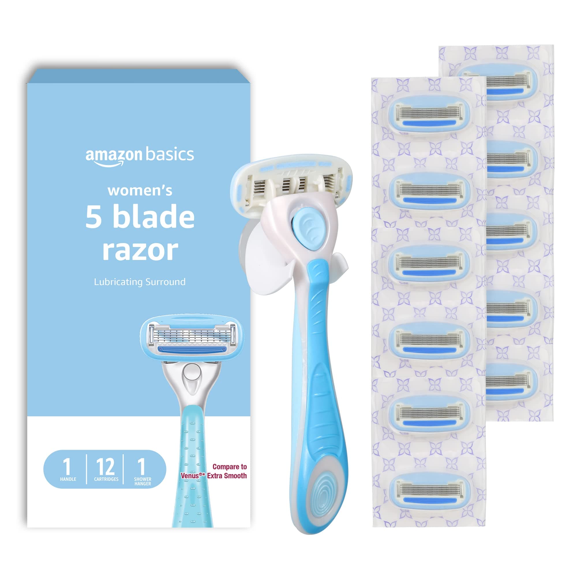Amazon Basics 5-Blade Razor Handle for Women, Includes 12 Cartridges and Shower Hanger, 14 Piece Set, Blue