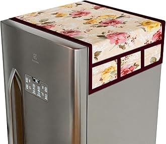 Kuber Industries Fridge Top Cover | PVC Fridge Top Cover | Flower Fridge Top Cover | Refrigerator Cover with 6 Side Pockets | Refrigerator Top Protector | Appliance Cover | Beige