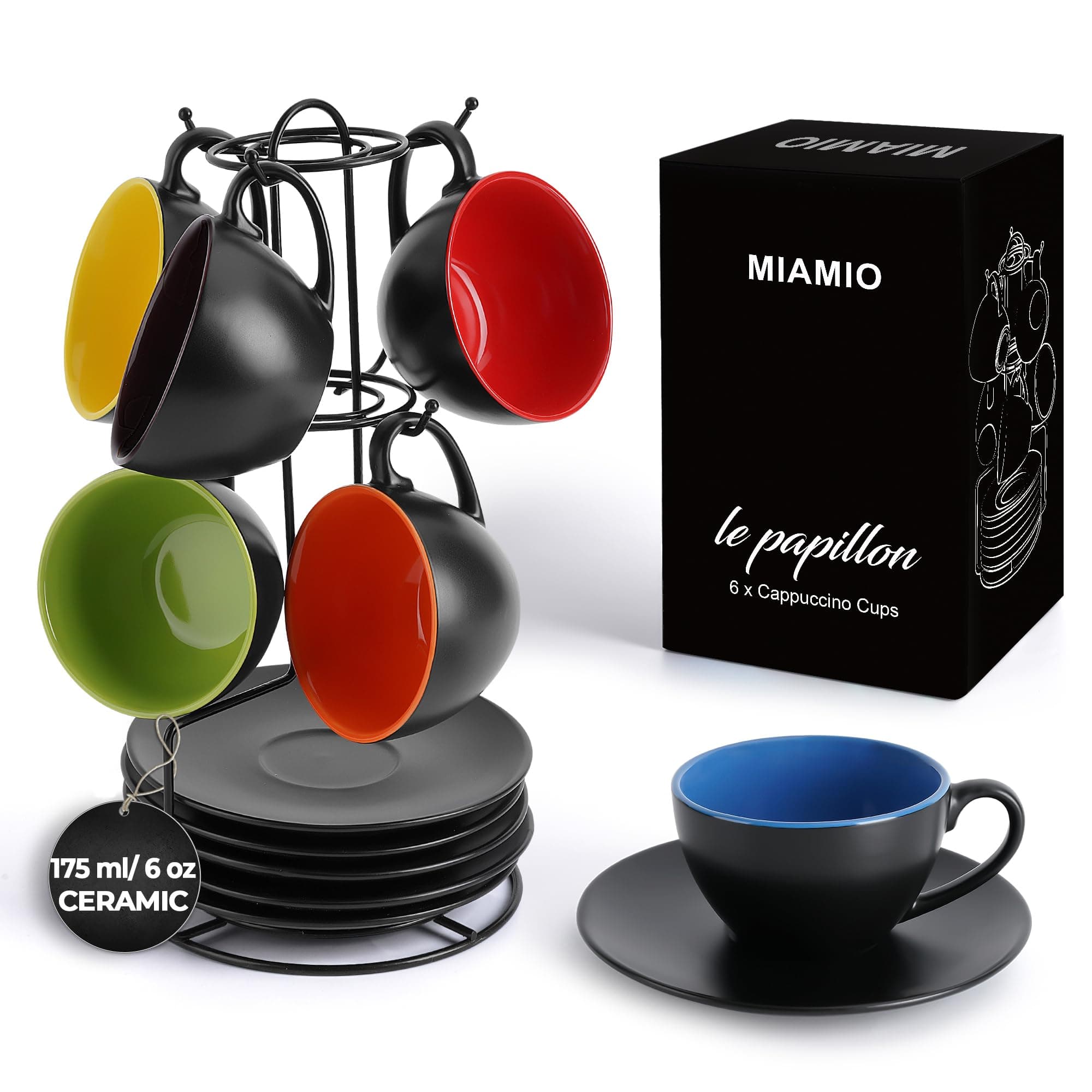 Set of 6, Ceramic Stackable Cappuccino Cups Set / 6 Ounce Cappuccino Mugs and Saucer with Metal Stand for Coffee Drinks, Cafe, Latte, Americano and Tea - Le Papillon Collection (Mixed)