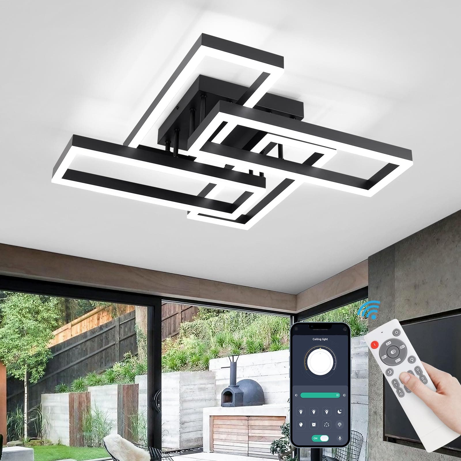 Modern Led Ceiling Light for Living Room,Black Flush Mount Ceiling Lights with Remote Control&APP，3000-6500K Dimmable, 54W Acrylic Ceiling Lamp for Bedroom Kitchen Dining Room