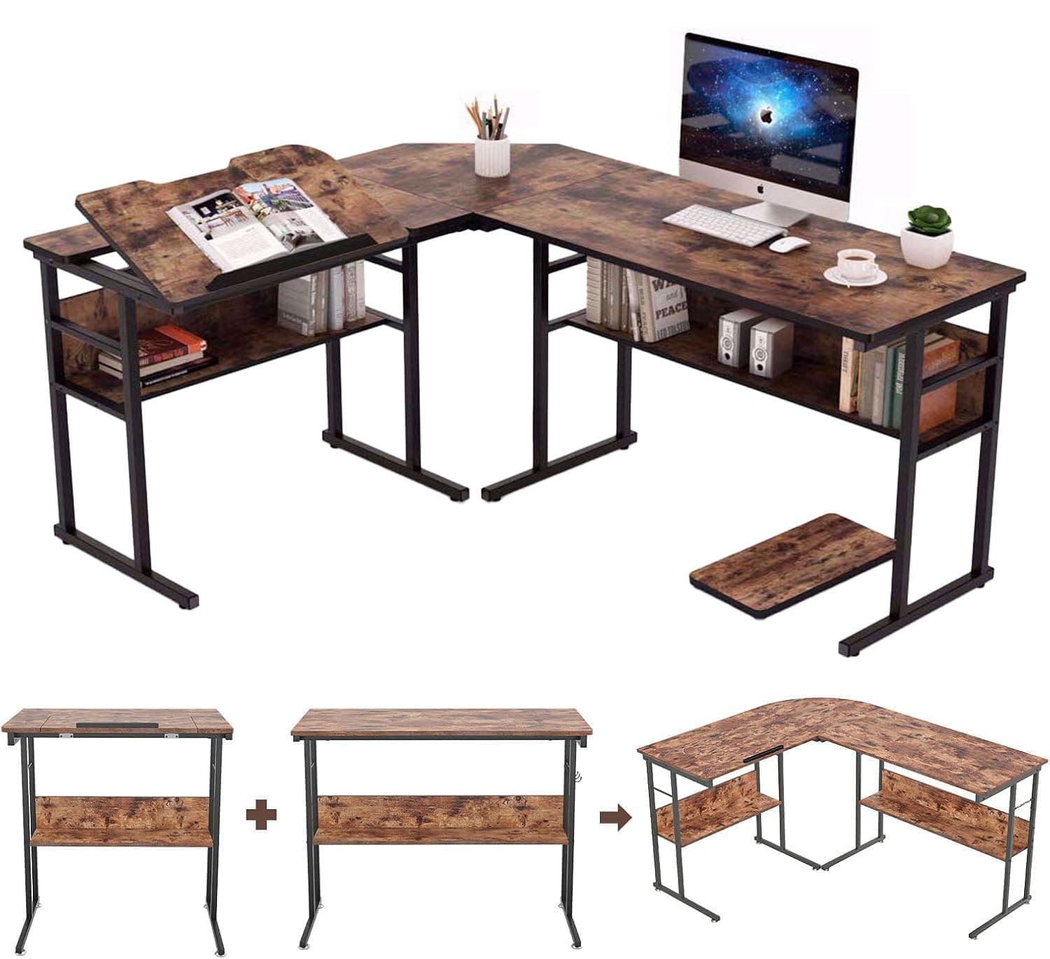 L-Shaped Desk, Corner Computer Desk with Bottom Bookshelves & CPU Stand, Drafting Drawing Table with Tiltable Desktop, Corner Computer Workstation Home Office Desk (Rustic Brown)