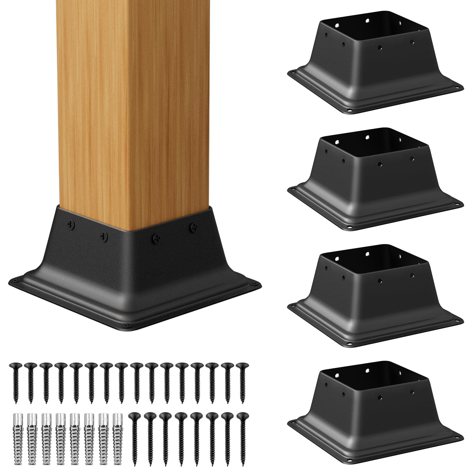 SPACEEUP 4x4 Post Base 5 Pcs Heavy Duty Steel Brackets Internal 3.6" x 3.6" Black Deck Cover Fit Standard Wood Anchor Sleeves