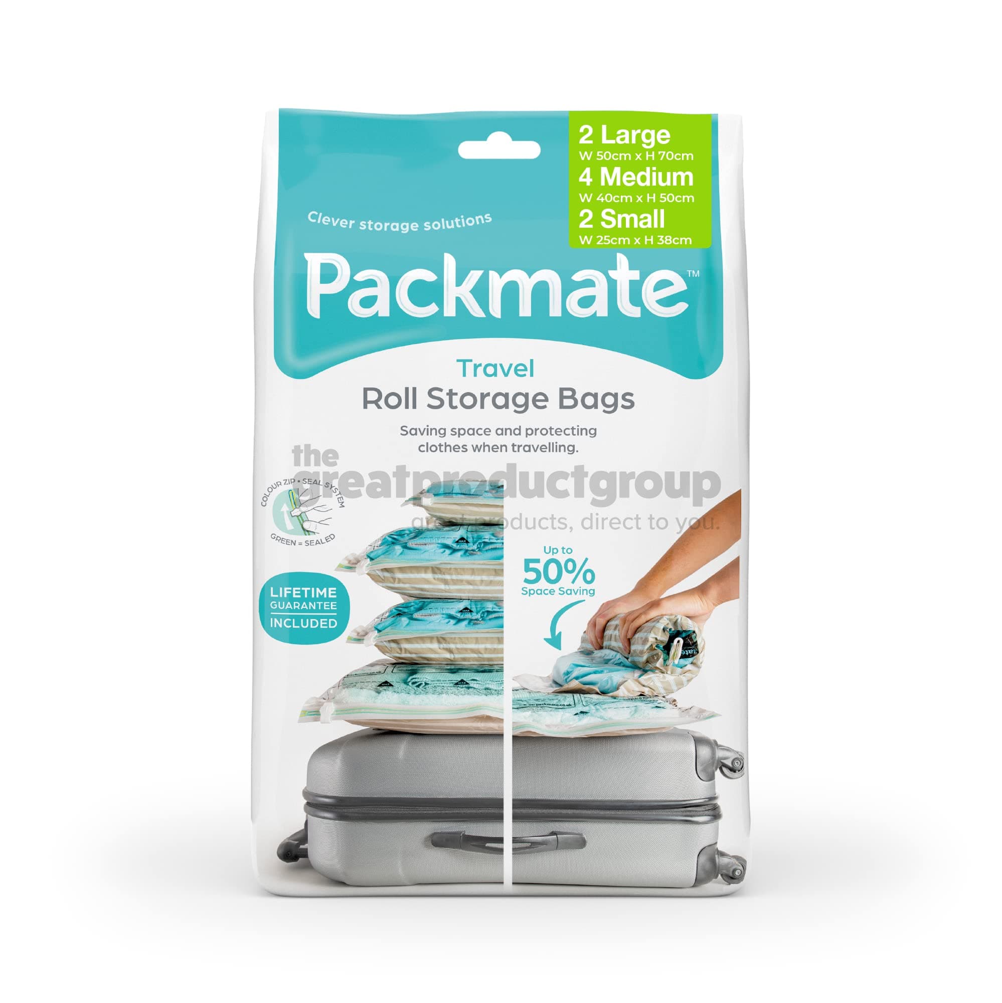 Packmate - 8pc Assorted (2L + 4M + 2S) Travel “roll by hand” Vacuum Bag - Premium quality market-leading brand, reusable, spacesaver luggage bags (Packaging may differ)