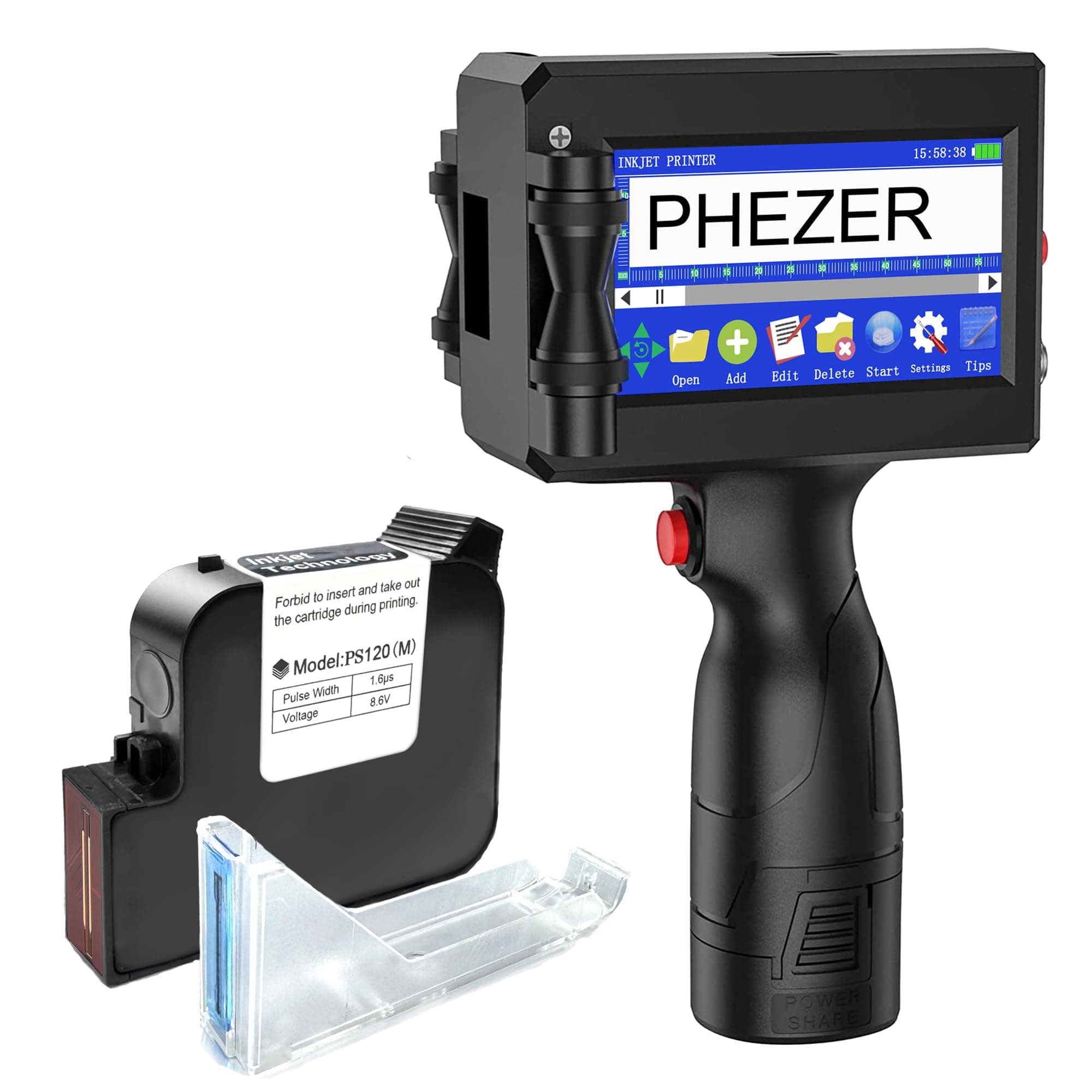 Phezer 1inch/25.4mm Handheld Inkjet Printer for Any Surface P15-1 Model for QRCode Barcode Production Date Time Logo Batch Number Print On Glass Bag Carton Box Wood Cloth Plastic Cable (25 Languages)
