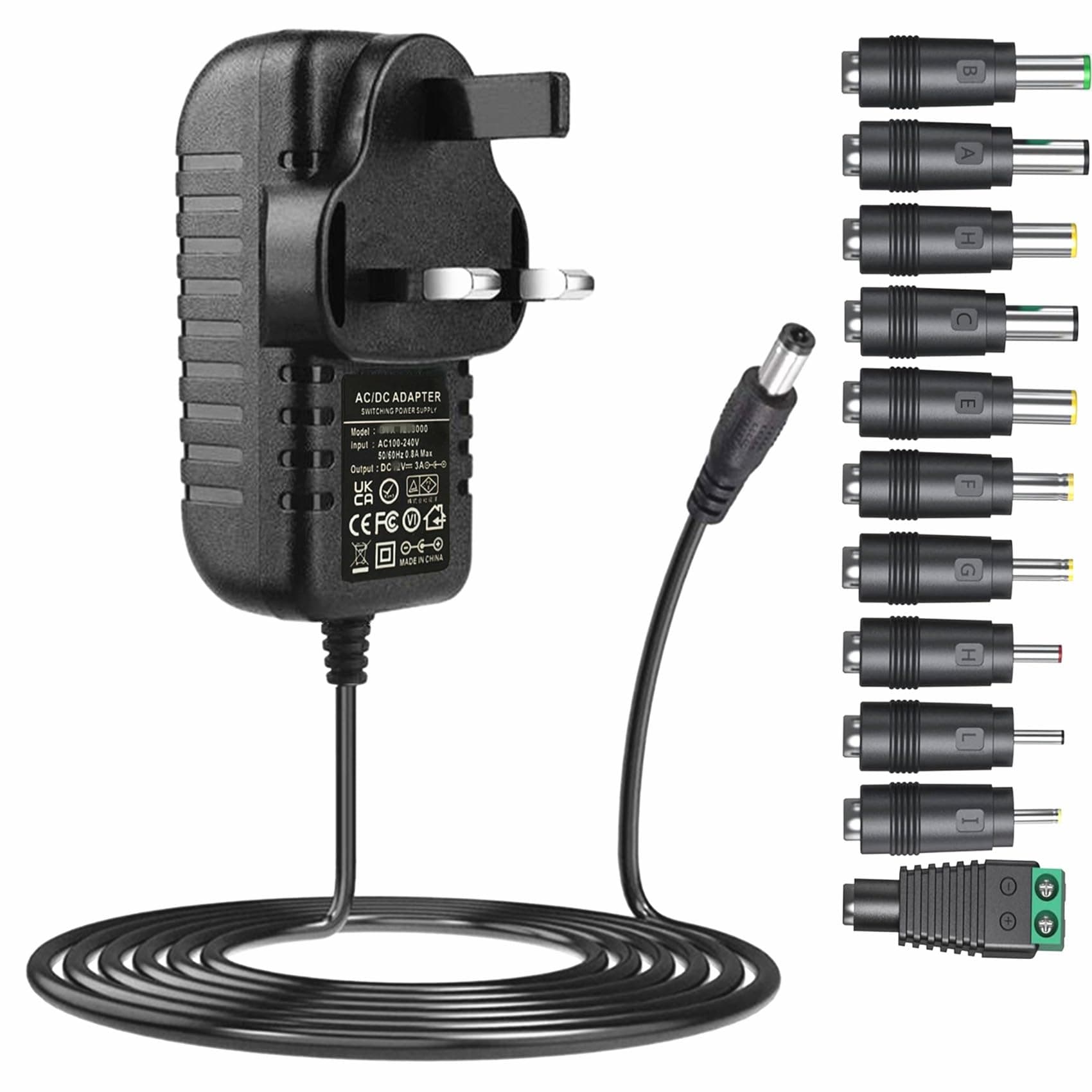 SZZKtech Universal 12V 3A AC adapter with 11 DC plug tips AC to DC 12 Volts 3Amps 2.5A 2A 1500mA 1000mA 800mA 700mA 600mA 500mA regulated switching power supply cord charger replacement DC12V adapter