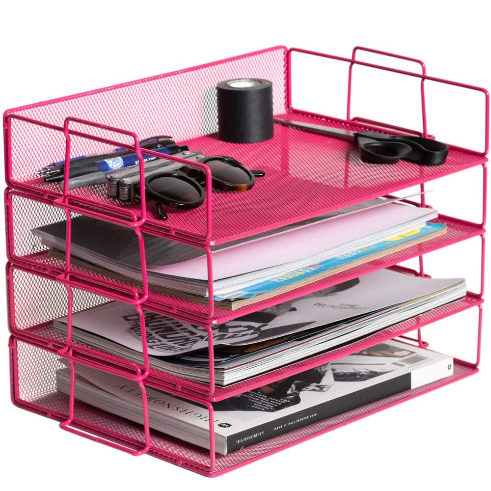 Klickpick Office 4 Tier Stackable Heavy Duty Metal Desktop Letter Tray File Organizer Sorter Desk Document Organizer Shelf Tray Magazine Holder Paper File Newspaper Organizer Tray - Pink