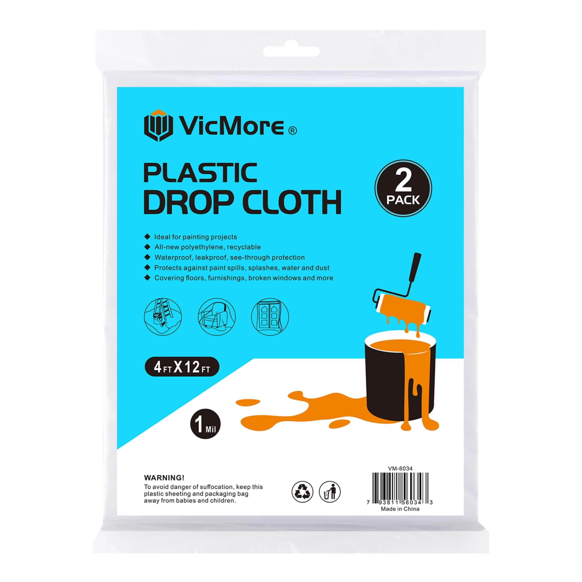 VicMore Clear Plastic Drop Cloths - Water & Dustproof, Odorless Plastic Sheet for Renovations, DIY Projects - Durable Paint Tarp with 1mil Thickness - Floor Covering & Dust Cover - 4 x 12’ - 2 Pack