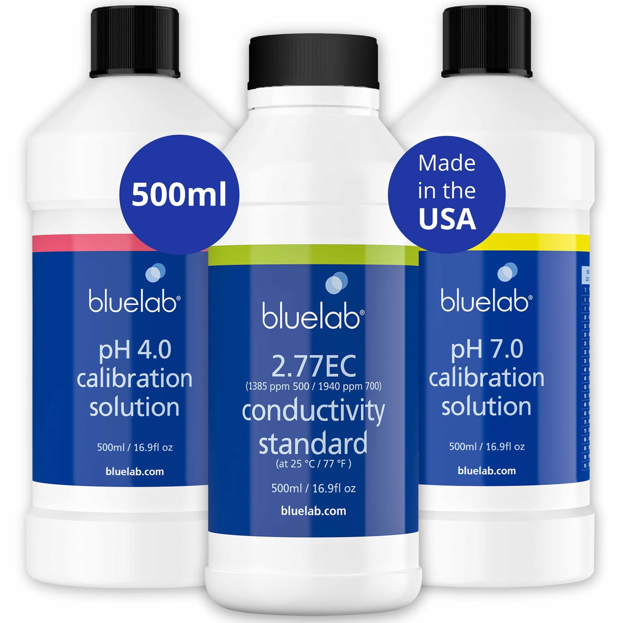 Bluelab Calibration Solution pH 4.0, 7.0 and 2.77 EC Conductivity Solution, 500 ml Each