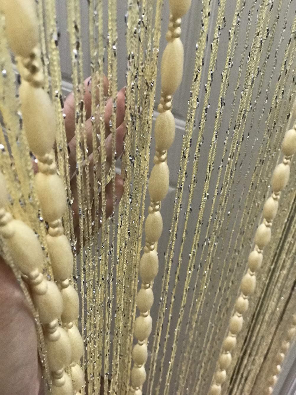 Eyotool Door String Curtain Flat Silver Ribbon Thread with Shaggy Tassel Room Divider, 39’’x79’’ (Beige-style2)