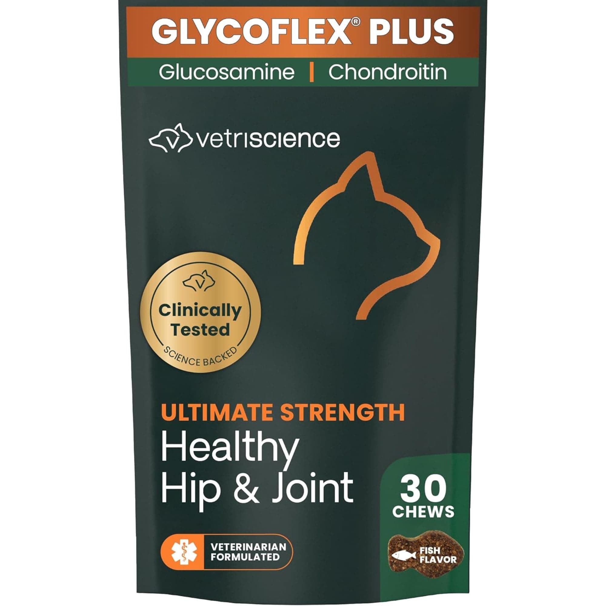 VetriScience Ultimate Strength Healthy Hip & Joint Chews, GlycoFlex Glucosamine, Chondroitin and Green-Lipped Mussel Joint Supplement for Cats, Soothe Joint Discomfort, Fish, 30 Count