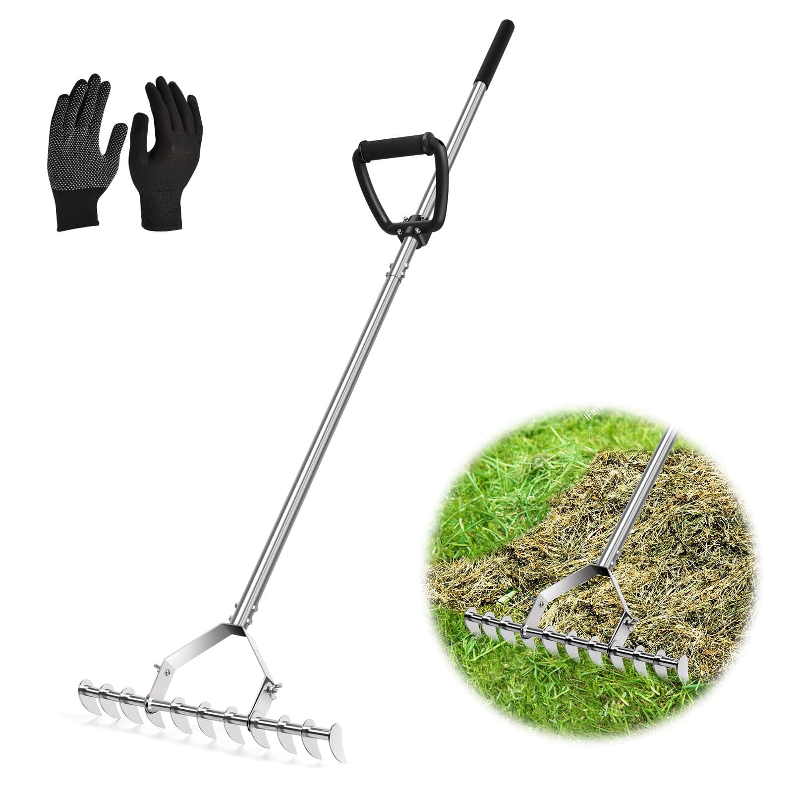 ZZM Thatch Rake, 15.7 Inch Lawn Thatching Rake for Cleaning Dead Grass, Stainless Steel Dethatching Rake with Back-Saving Handle, Grass Rake with Curved Steel Tines for Lawn Loosening Soil, 60" Length