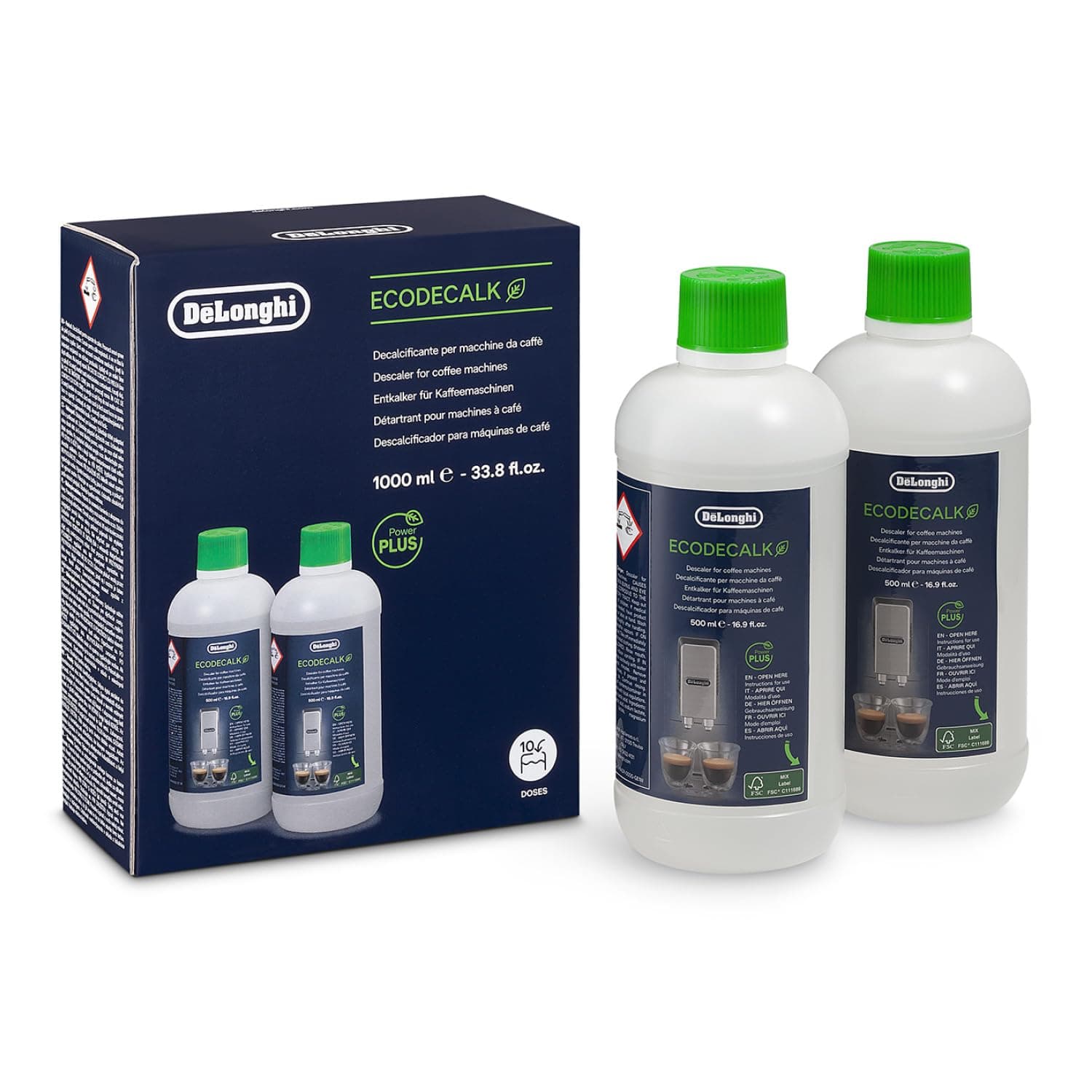 De'Longhi Original EcoDecalk Descaler for Fully Automatic Coffee Machine and Coffee Makers, Universal Descaler for 10 Descaling Processes, DLSC502, 2 x 500 ml, White