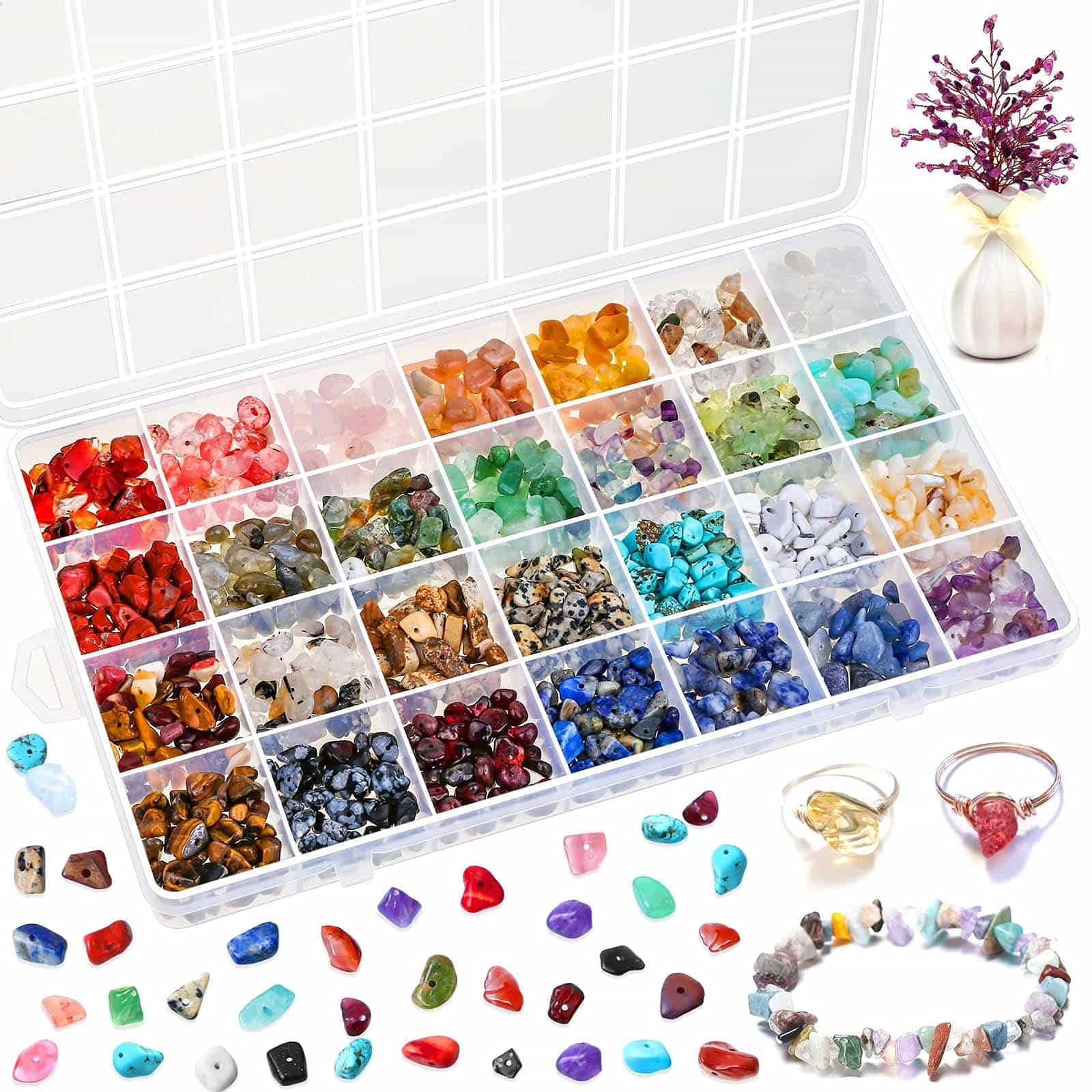 Crystal Chips Beads for Ring Making, 28 Colors Gemstone Beads for Jewelry Making, Crystal Ring Making Kit with Plastic Box for Jewelry Ring, Bracelets, Earring Making Supplies