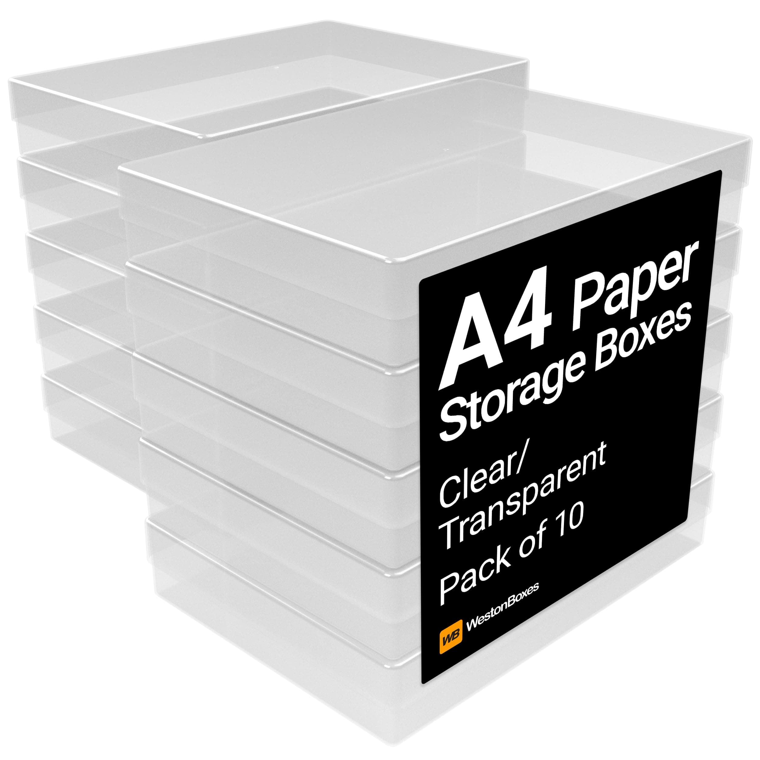 WestonBoxes A4 Transparent Plastic Craft Storage Boxes with Lids for Art Supplies, Paper and Card - 3.6 Litre Volume (Pack of 10)