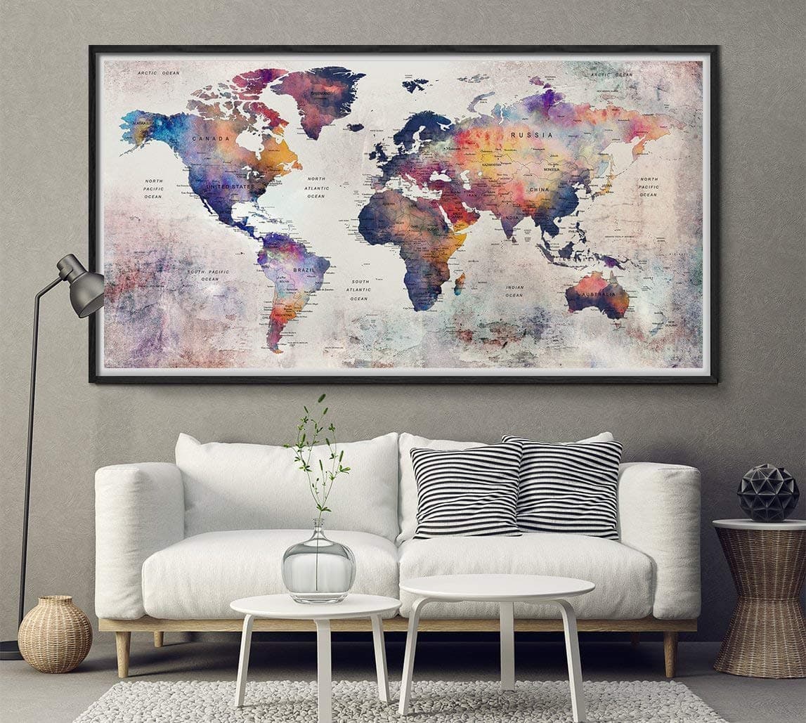 Giant Push Pin World Map Wall Art Poster - Rustic Decorative Artwork Globe World Travel Print for Home Decor - L159