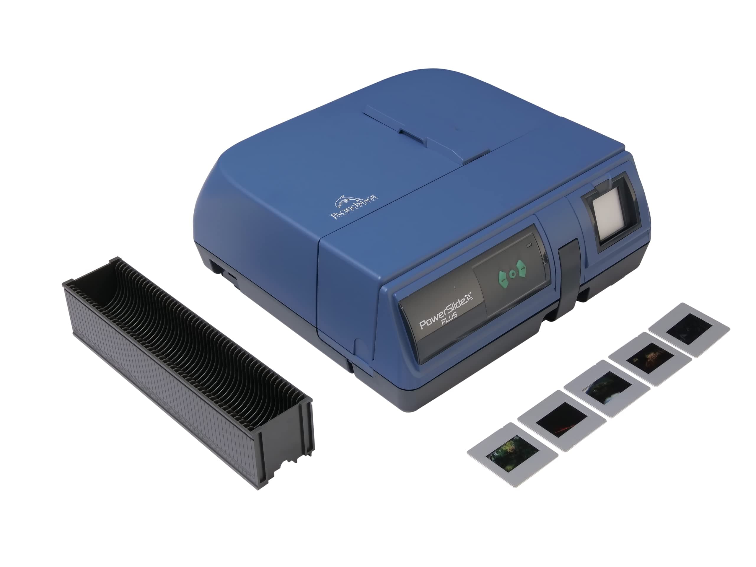 PowerSlide X Plus 35mm Slide Scanner. Auto Batch Scan Mounted Slides. Maximum 50 Slides/Batch Scan. 10000 dpi/True Color. 4.2 Dynamic Range. Mac/Pc.