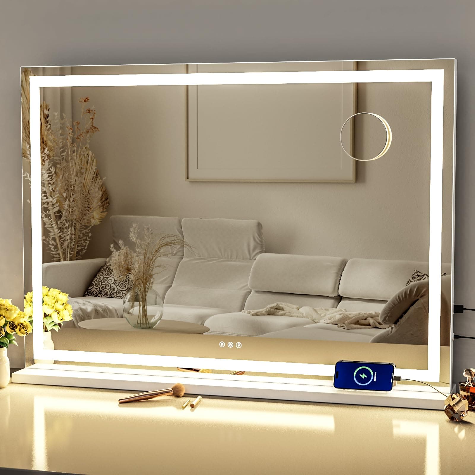 Makeup Vanity Mirror with Lights 32" x 24" Large LED Makeup Mirror, Light up Mirror with 10X Magnification and USB Charging Port, Dimmable 3 Modes, Touch Screen Control Square Corner