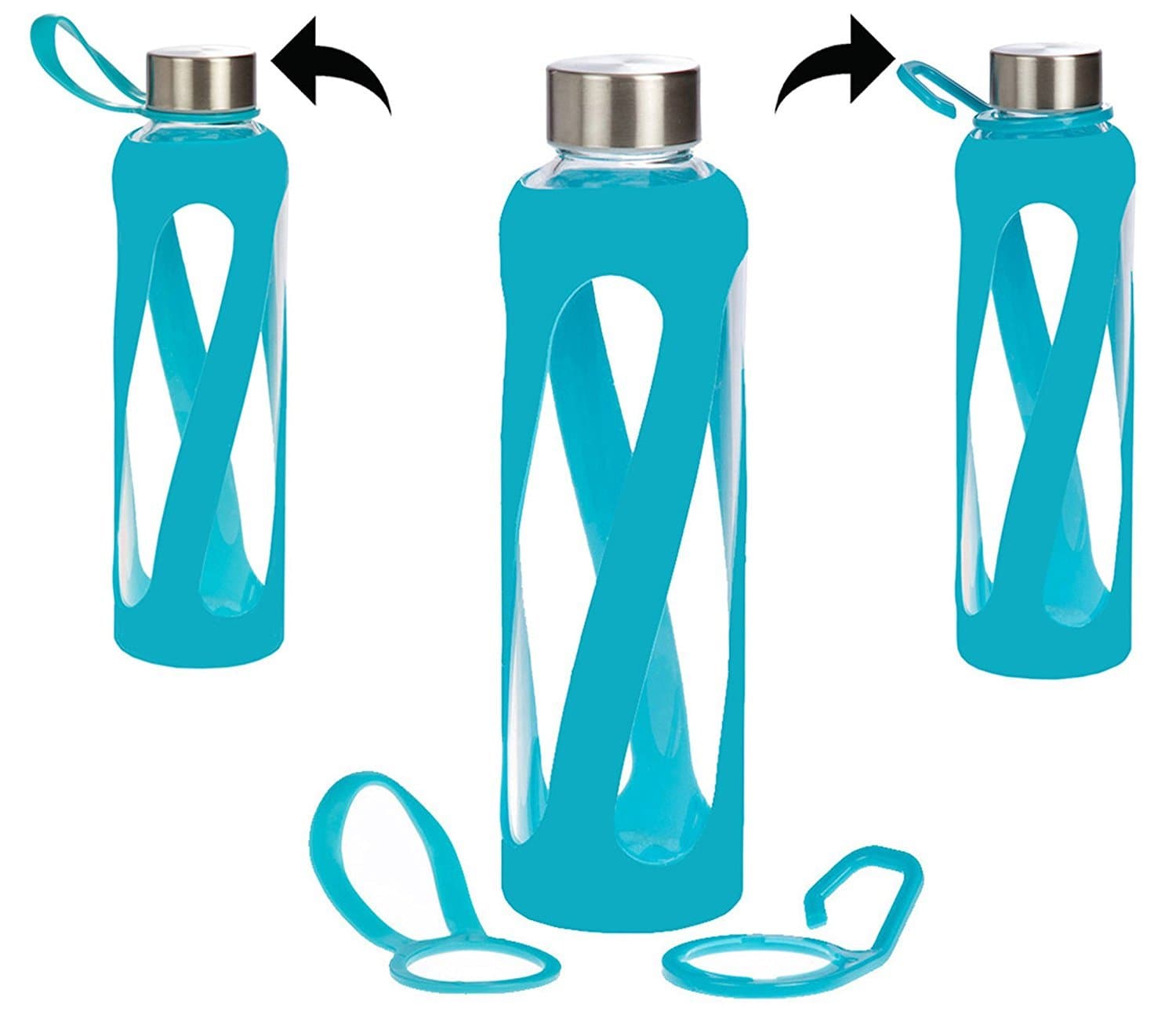 1, 2, 3, 4- PACKS - 20 oz Leak Proof, Reusable Pure Borosilicate Tempered Glass Water Bottle, Non-Slip Silicone Sleeve, 2 Attachments: Loop and Hook, Free of BPA, BPS, BPF, PVC, Phthalates