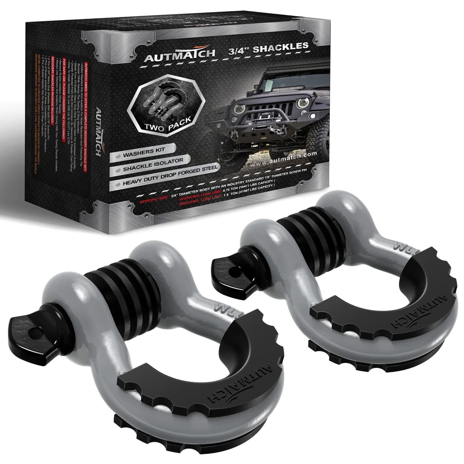 AUTMATCH Shackles 3/4" D Ring Shackle (2 Pack) 41,887Ib Break Strength with 7/8" Screw Pin and Shackle Isolator & Washers Kit for Tow Strap Winch Off Road Towing Jeep Vehicle Recovery Gray & Black