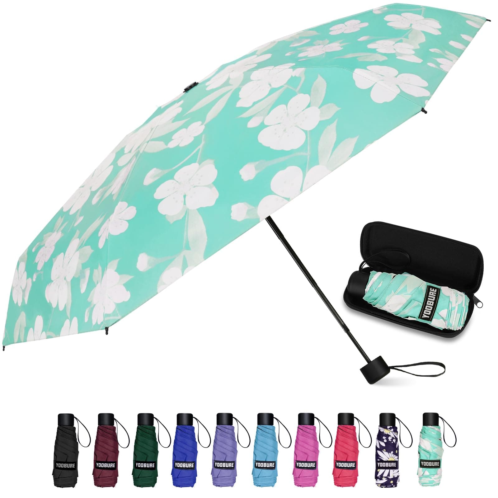 Yoobure Small Mini Umbrella with Case Light Compact Design Perfect for Travel Lightweight Portable Parasol Outdoor Sun&Rain Umbrellas, Blue Peach Blossom