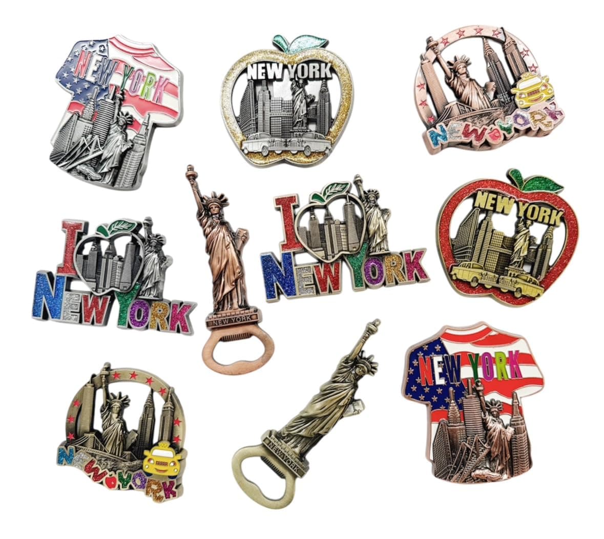 10 Pack Multicolor Bundle NYC Metal Refrigerator Fridge Magnets New York Souvenir Empire State Building, Skylines, Statue of Liberty, Big Apple, USA Flag, Fridge Magnet Bottle Opener (Color May Vary)