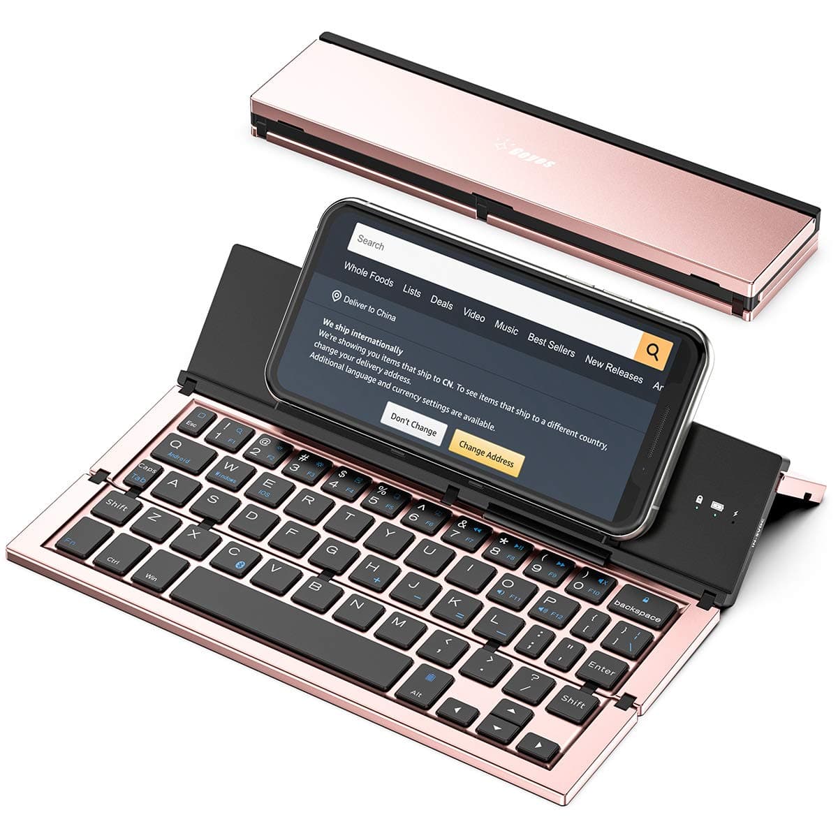 Bluetooth Keyboard Foldable Portable Folding Travel Keyboard for iPhone 15 Pro Plus/Xs/max/x/14/13 /12/11 /iPad/iPad mini 4, Samsung Android Tablet Smart Phone (Rose Gold)