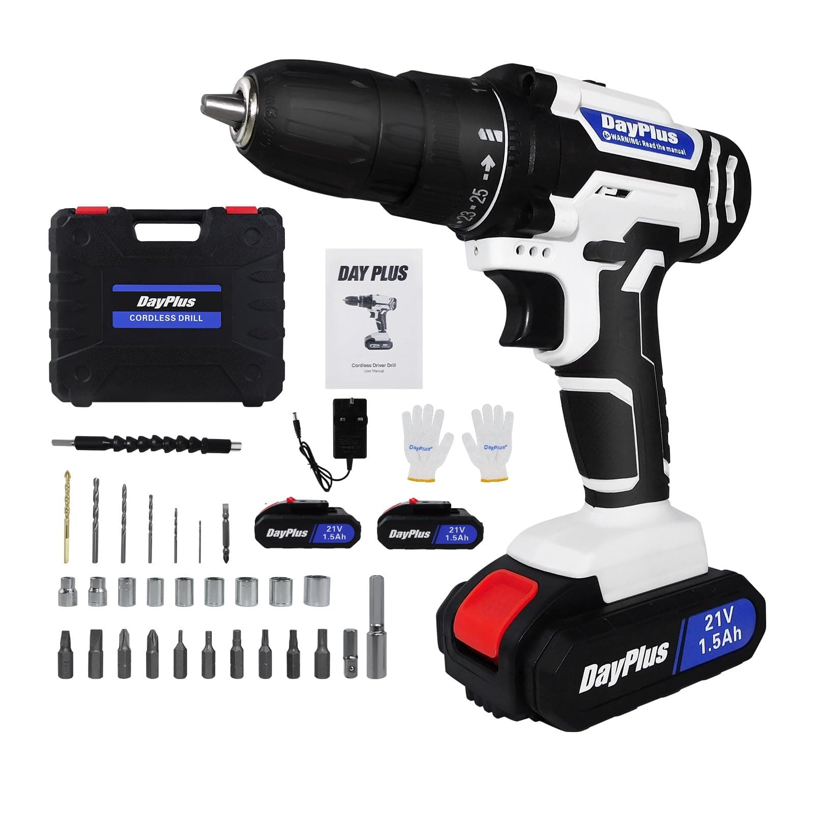 Cordless Drill Driver 21V, Cordless Drill Power Tool with 25+1 Torque, 2 Speed, LED Light, 29 Accessories, Combisaw & Screwdriver Kit for Home and Garden DIY, (2 Batteries)-White