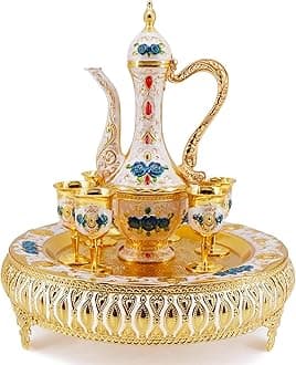 Turkish Coffee Cup and Tea Pot Set Including Teapot,Tea Tray,6 Metal Cups,Tea Service Set for Tea Table Decor,Hip Flask (Blue Flower)