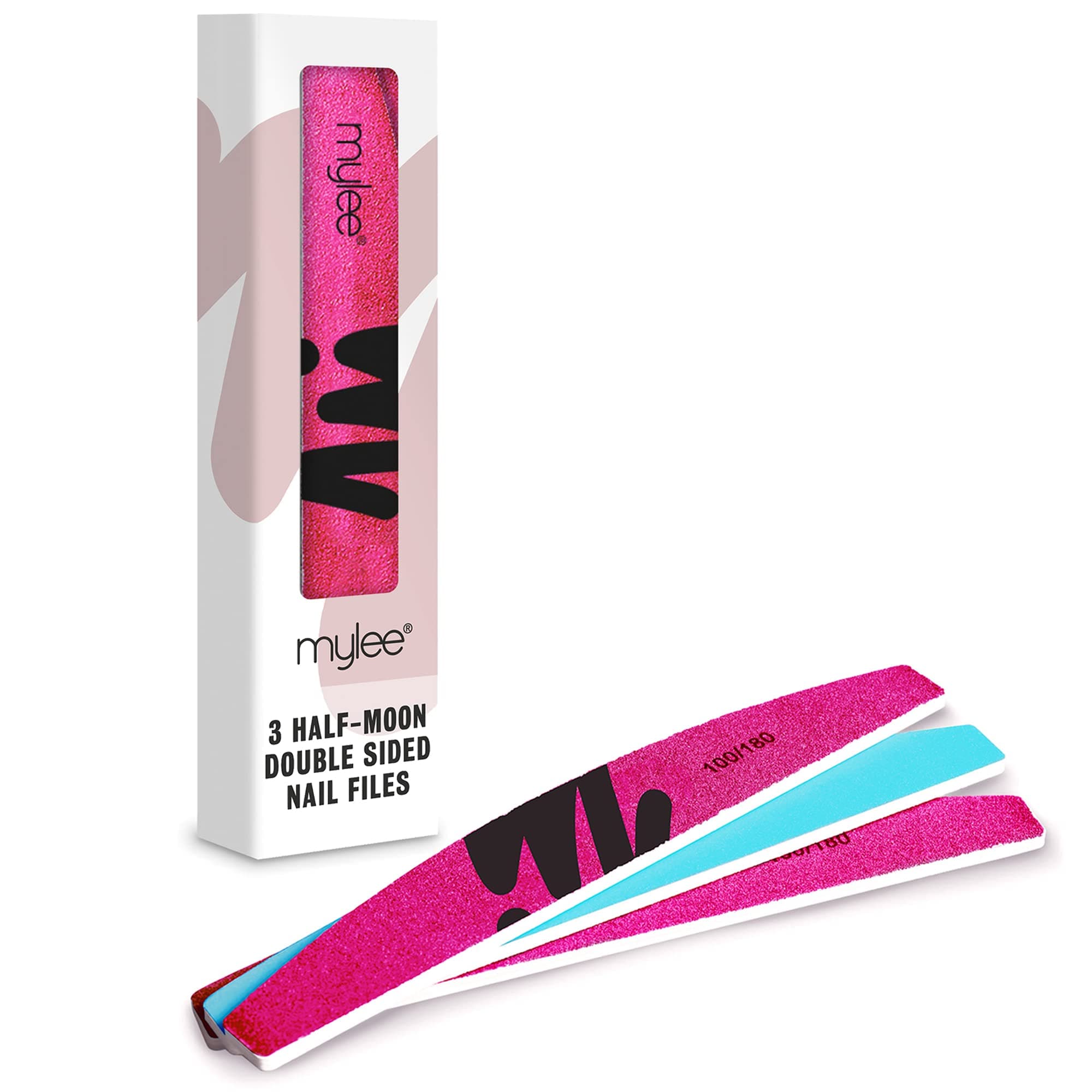 Mylee 3 Pack Double Sided Half Moon Nail File 100/180 Grit - Salon Quality Nails, Professional Manicure Tool - Use on Natural Nails or Extensions