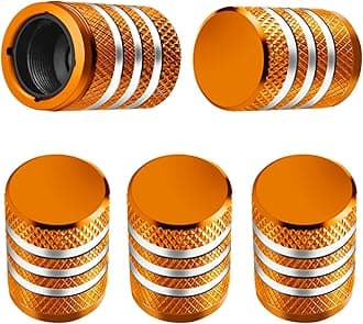 Tire Valve Stem Caps - (5 Pack) Tire Air Caps Metal with Plastic Liner Corrosion Resistant Leak-Proof for Car Truck Motorcycle SUV and Bike Orange